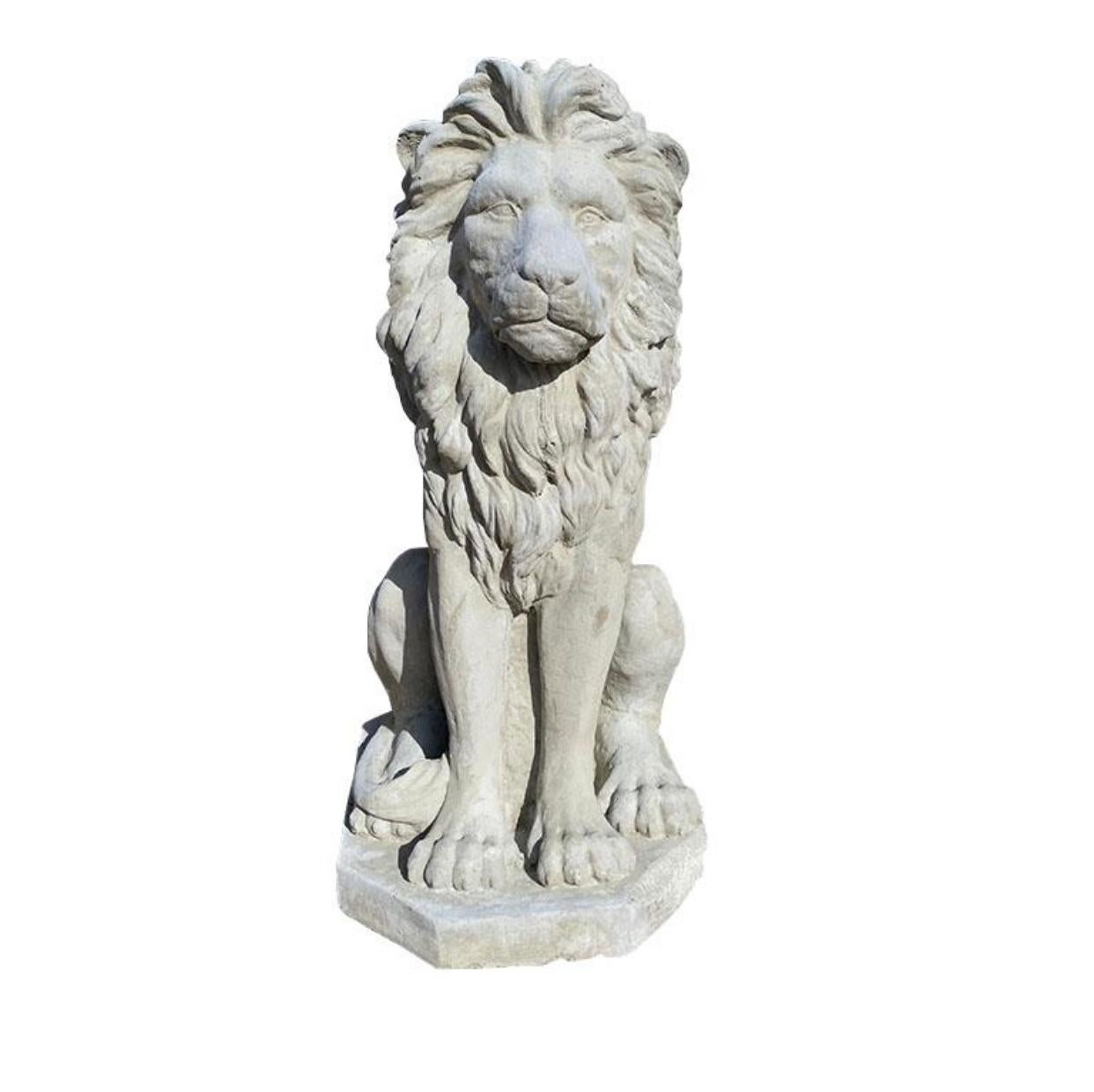 American Two Large Tall Architectural Sitting Stone Concrete Lions, a Pair