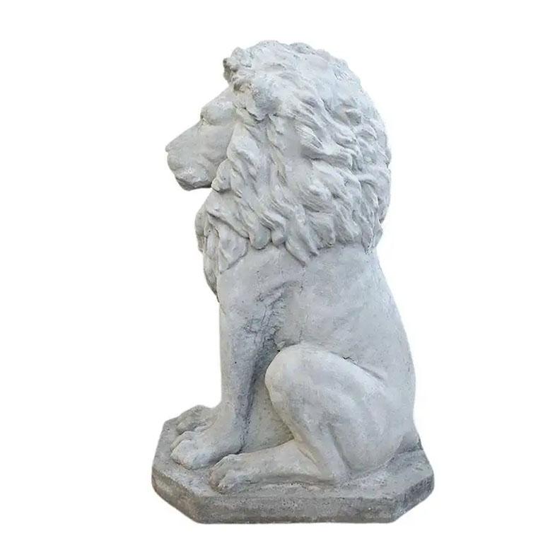 Hollywood Regency Two Large Tall Architectural Sitting Stone Concrete Lions, a Pair For Sale