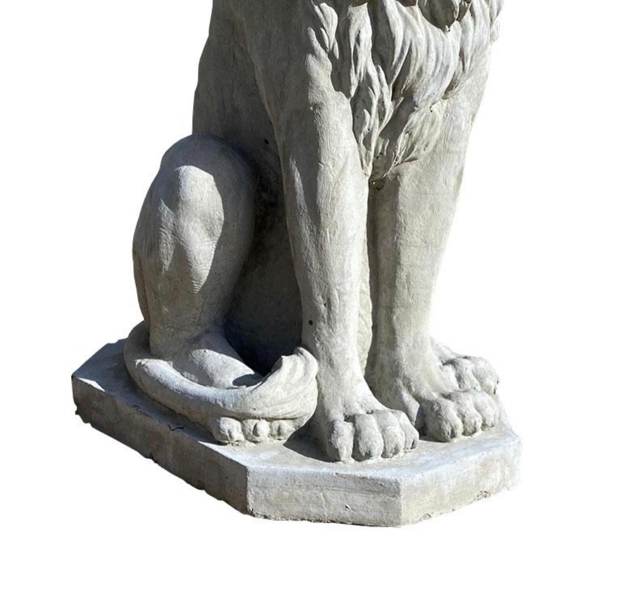 20th Century Two Large Tall Architectural Sitting Stone Concrete Lions, a Pair