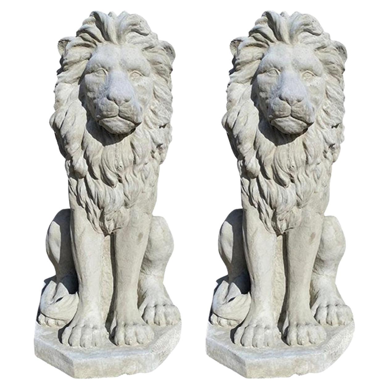 Two Large Tall Architectural Sitting Stone Concrete Lions, a Pair