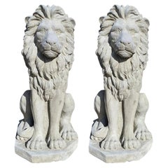 Two Large Tall Architectural Sitting Stone Concrete Lions, a Pair
