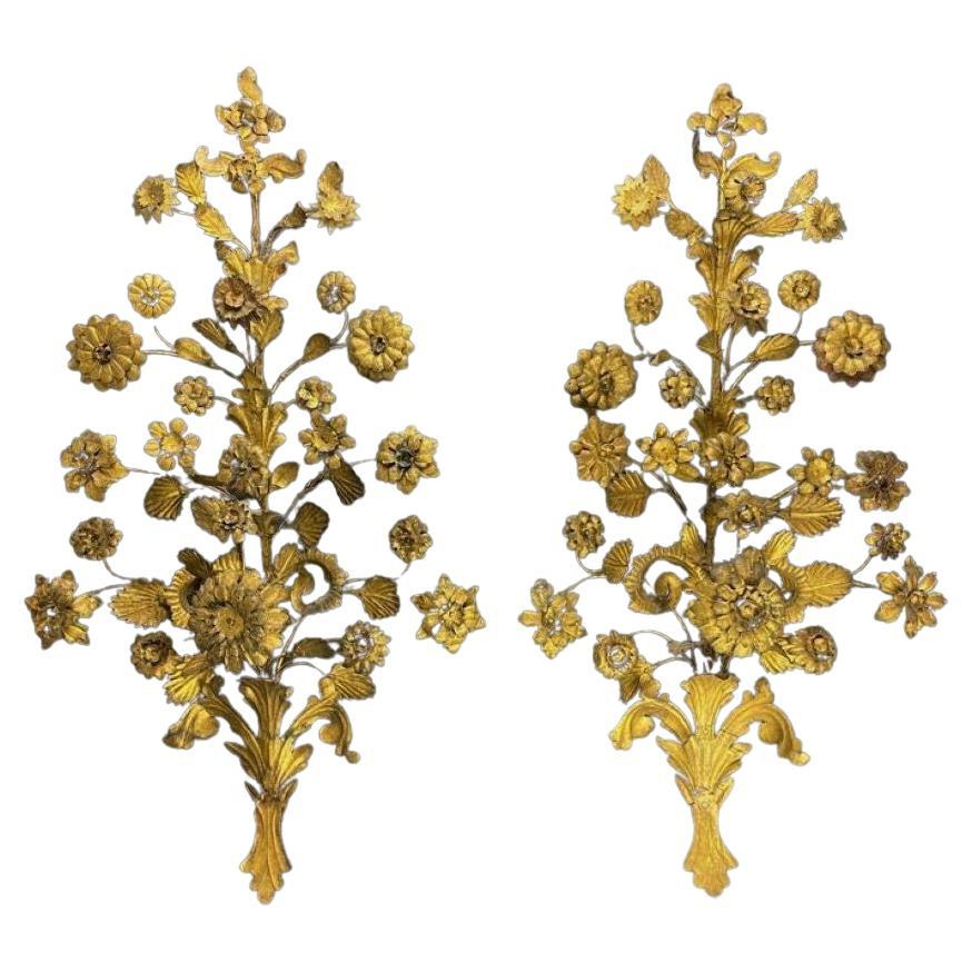 Two Large Venetian Decorative Wall Sconces Gilt Wrought Iron Italy, 19th Century For Sale