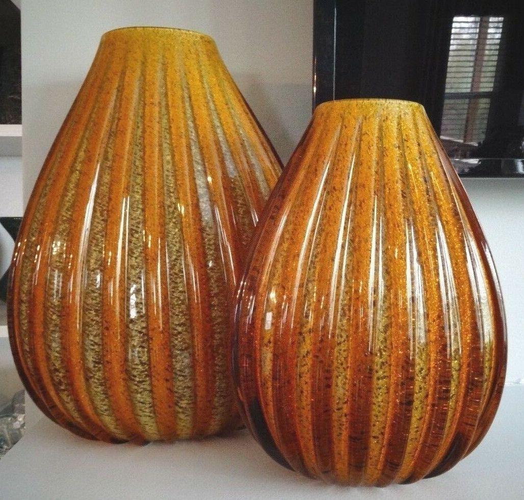 Mid-Century Modern Large Museum Quality Seguso Murano fluted Bulbous shaped Ribbed Goldstone Golden Art Glass Vases. Featuring alternating colors of Flecked amber and gold by Vetri Artistic Italy. Approx. Measurements: 13