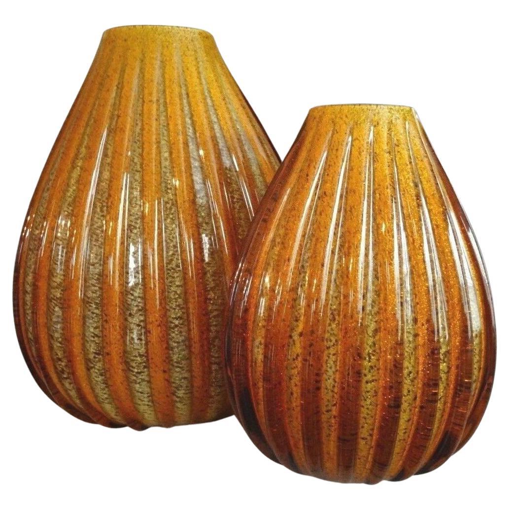Two Large Vintage Murano Seguso Vetri d'Arte Art Glass Amber Ribbed Golden Vases