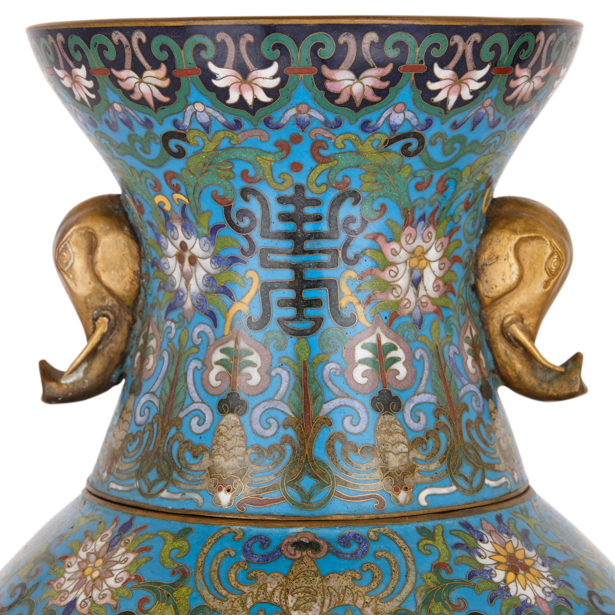 Chinese Export Two Late Qing Dynasty Cloisonné Enamel and Gilt Bronze Vases For Sale