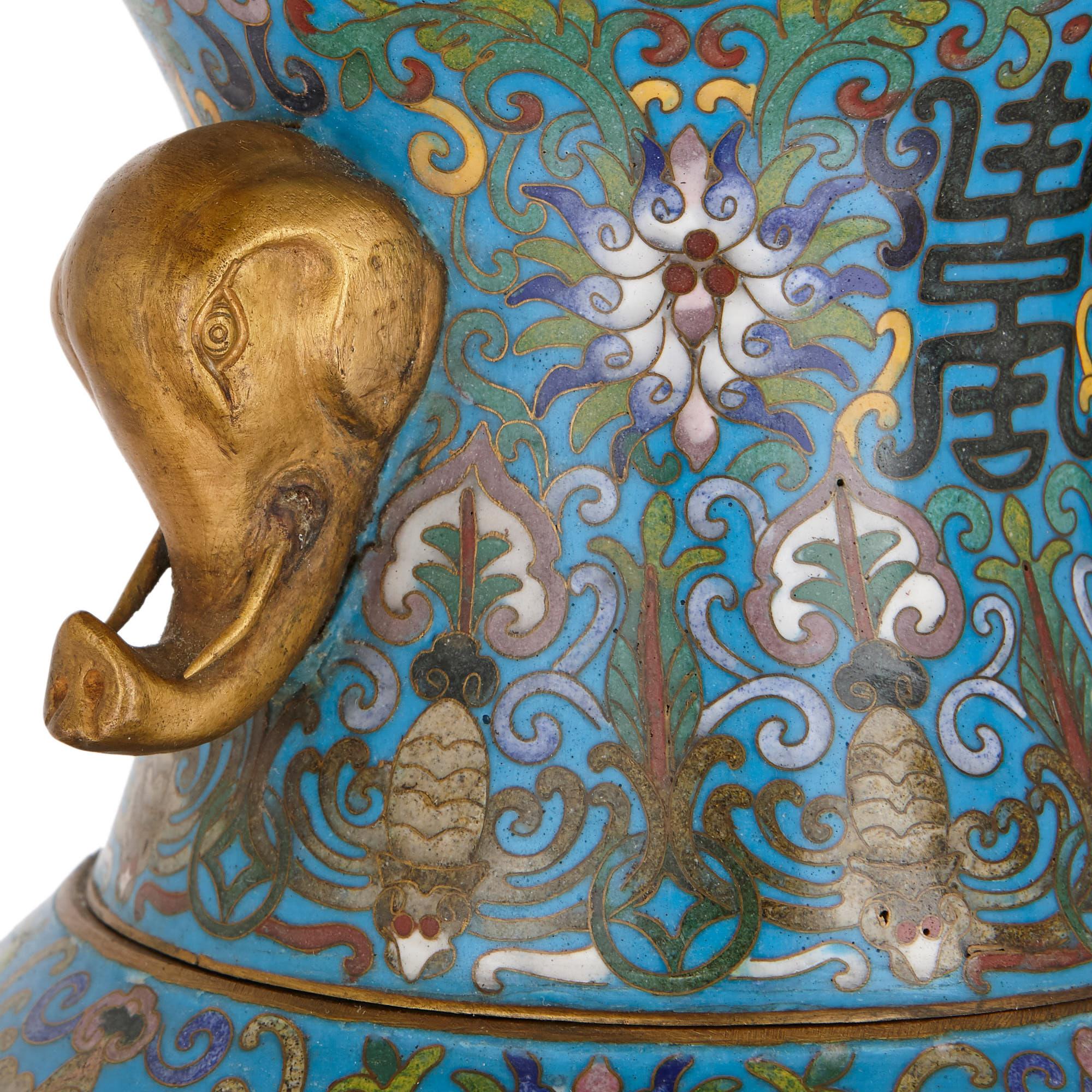 Chinese Two Late Qing Dynasty Cloisonné Enamel and Gilt Bronze Vases For Sale