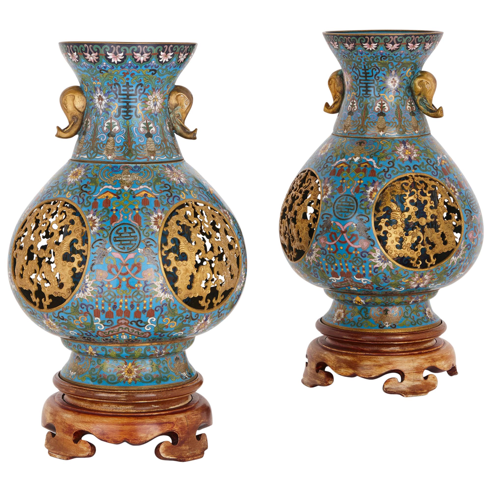 Two Late Qing Dynasty Cloisonné Enamel and Gilt Bronze Vases