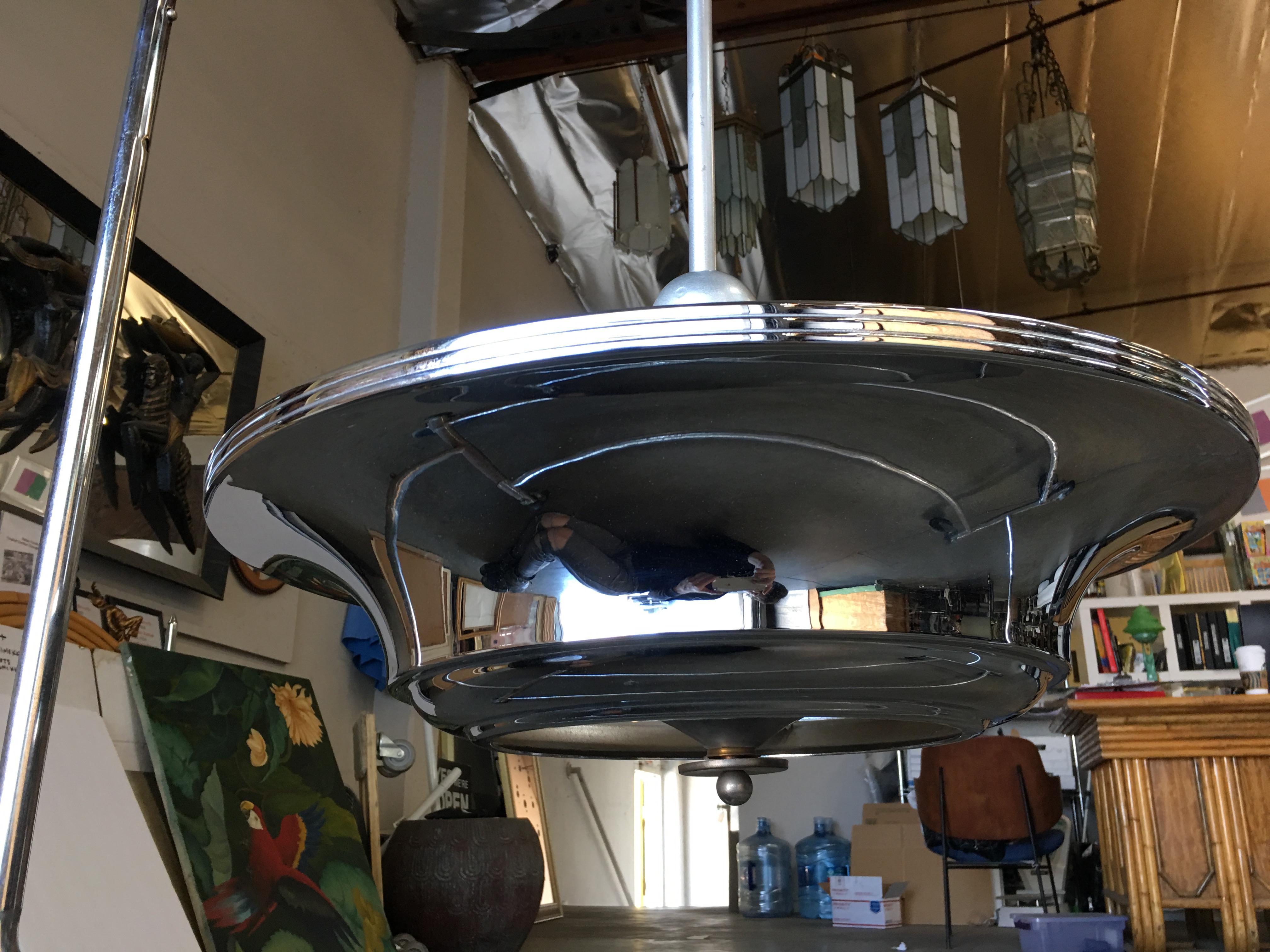 Two layer chrome Art Deco saucer ceiling pendant lamp with white enamel stem, circa 1930.