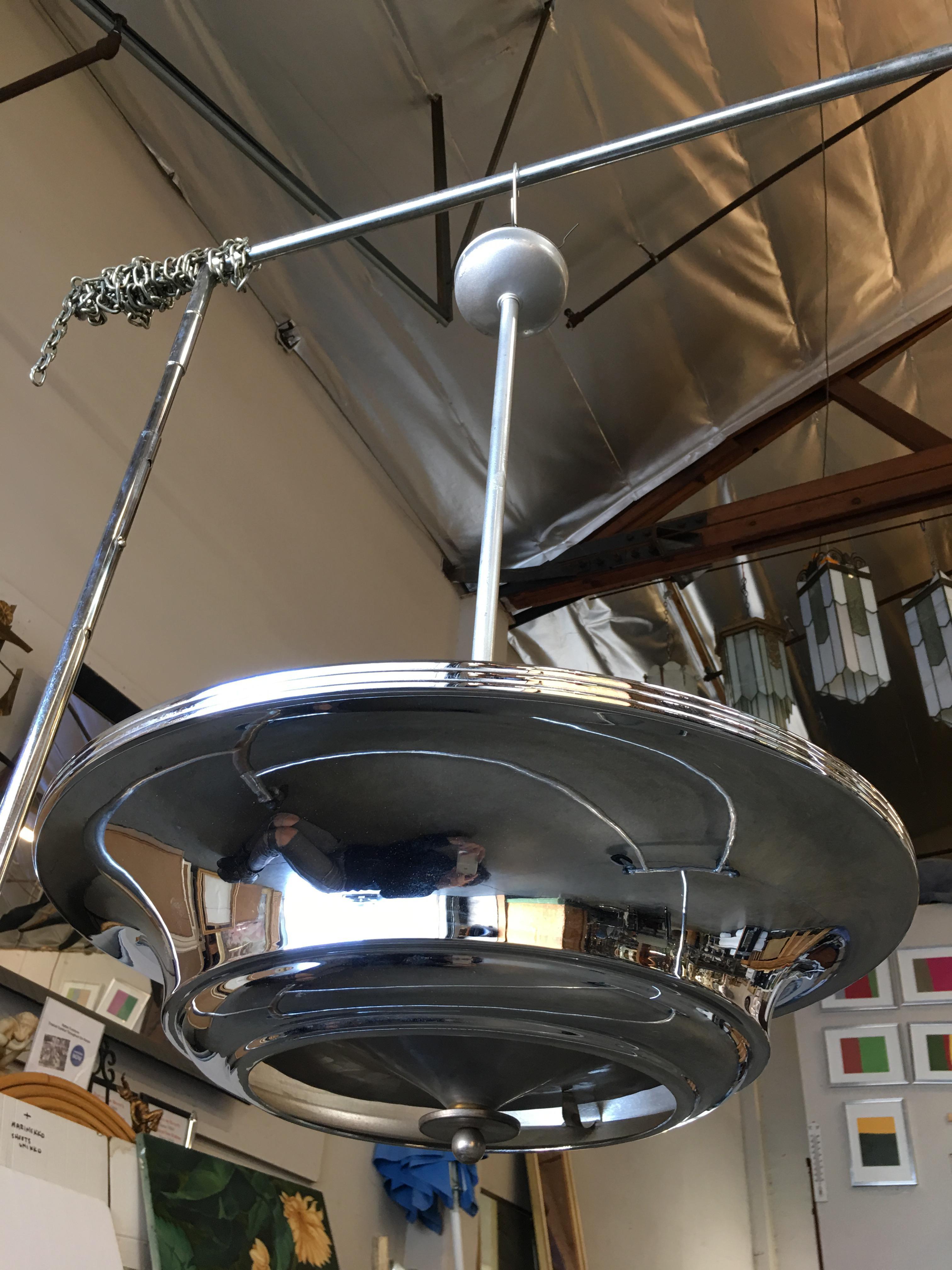 Two Layer Chrome Art Deco Saucer Ceiling Pendant Lamp 8 Available In Excellent Condition For Sale In Van Nuys, CA
