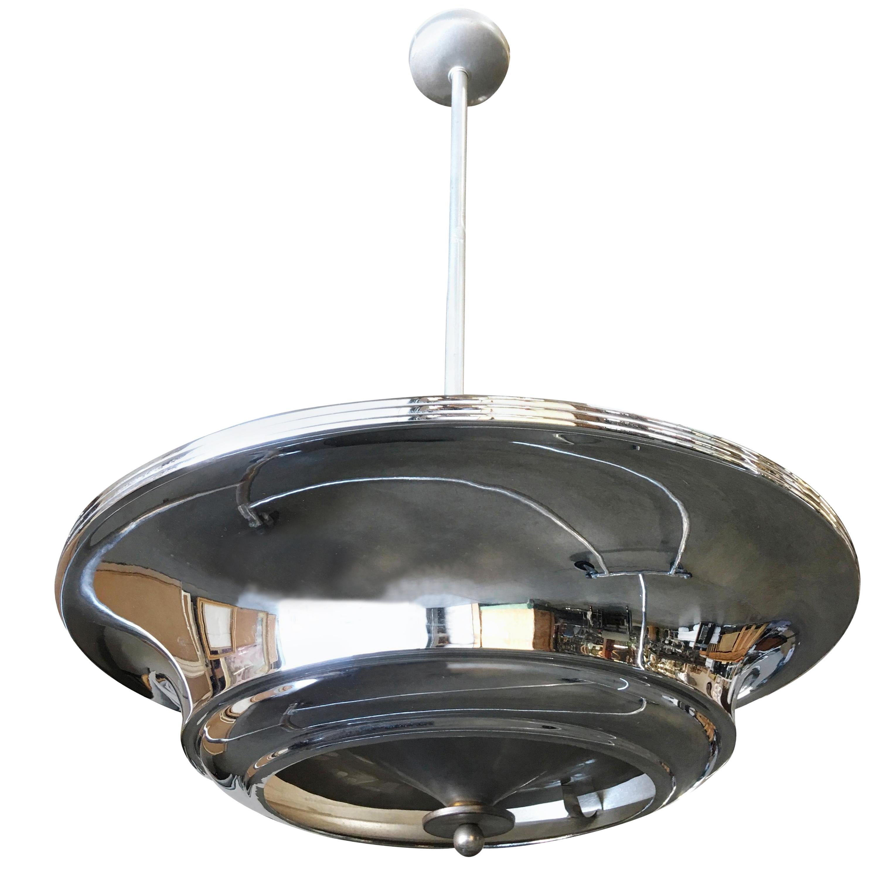 Two Layer Chrome Art Deco Saucer Ceiling Pendant Lamp 8 Available For Sale