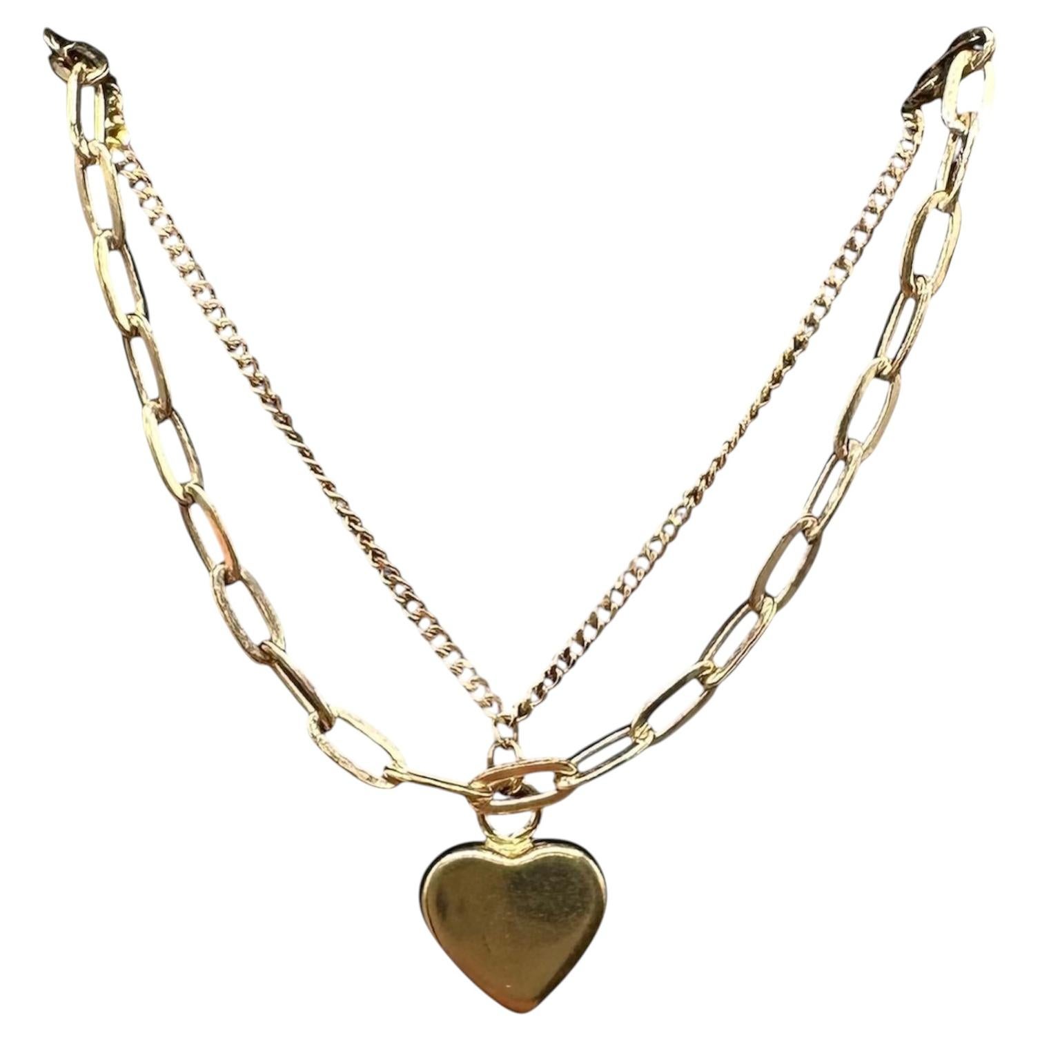 Two Layer Heart Necklace 10kt Yellow Gold Paperclip Chain New