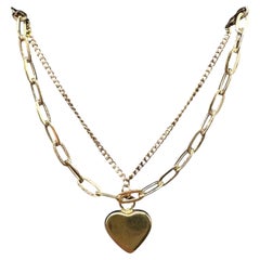 Two Layer Heart Necklace 10kt Yellow Gold Paperclip Chain New