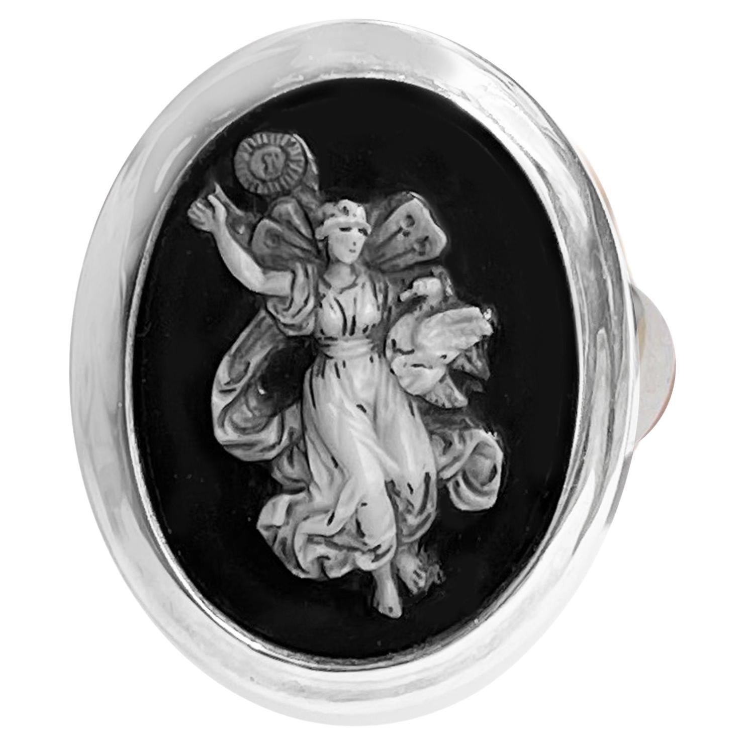Two-Layered Agate Roman Cameo '4th cent.AD' Sterling Silver Ring Depicting Nike