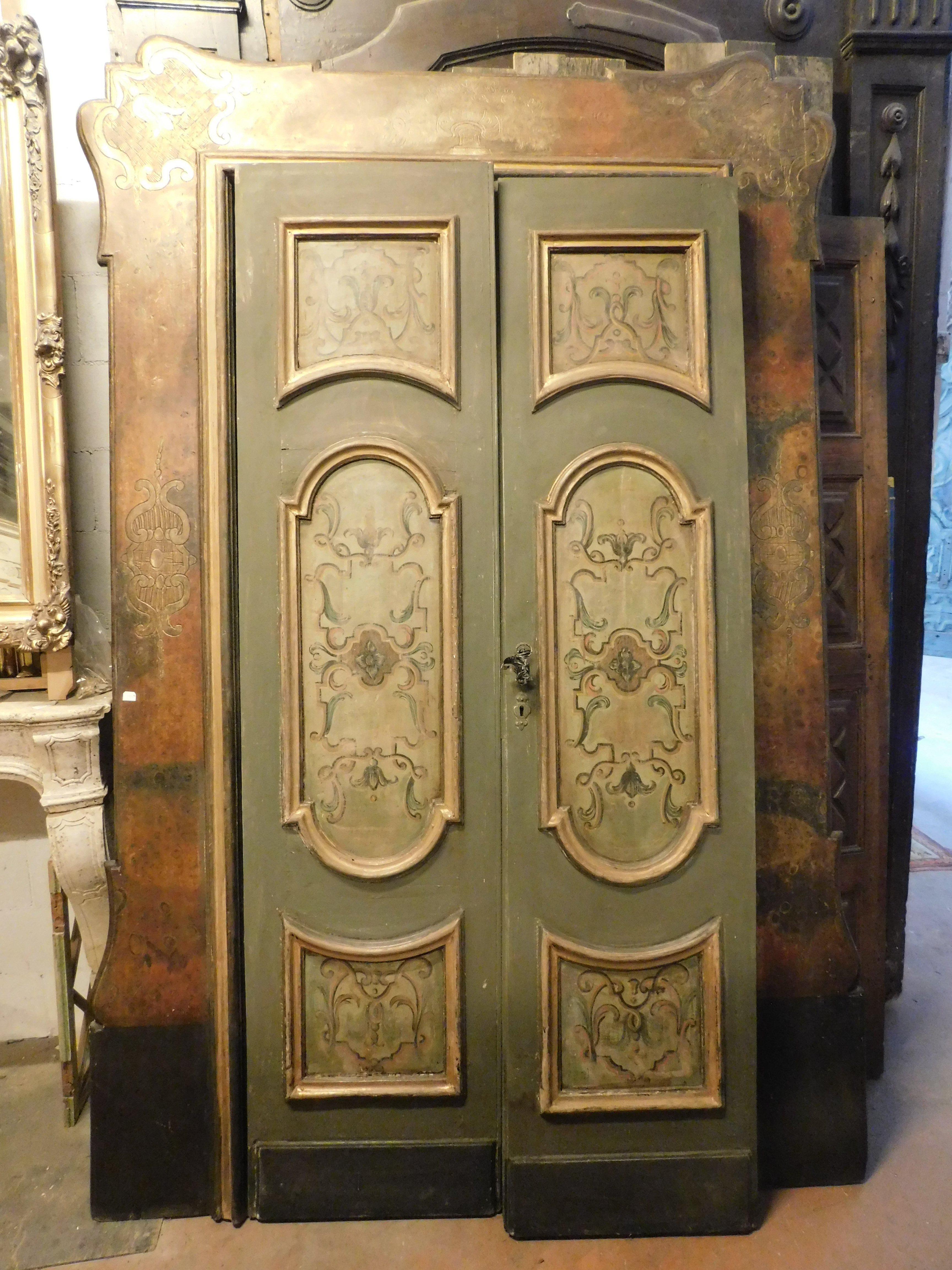 Carved Two-Leaf Lacquered Wooden Door Complete with Frame, from 18th Century Italy