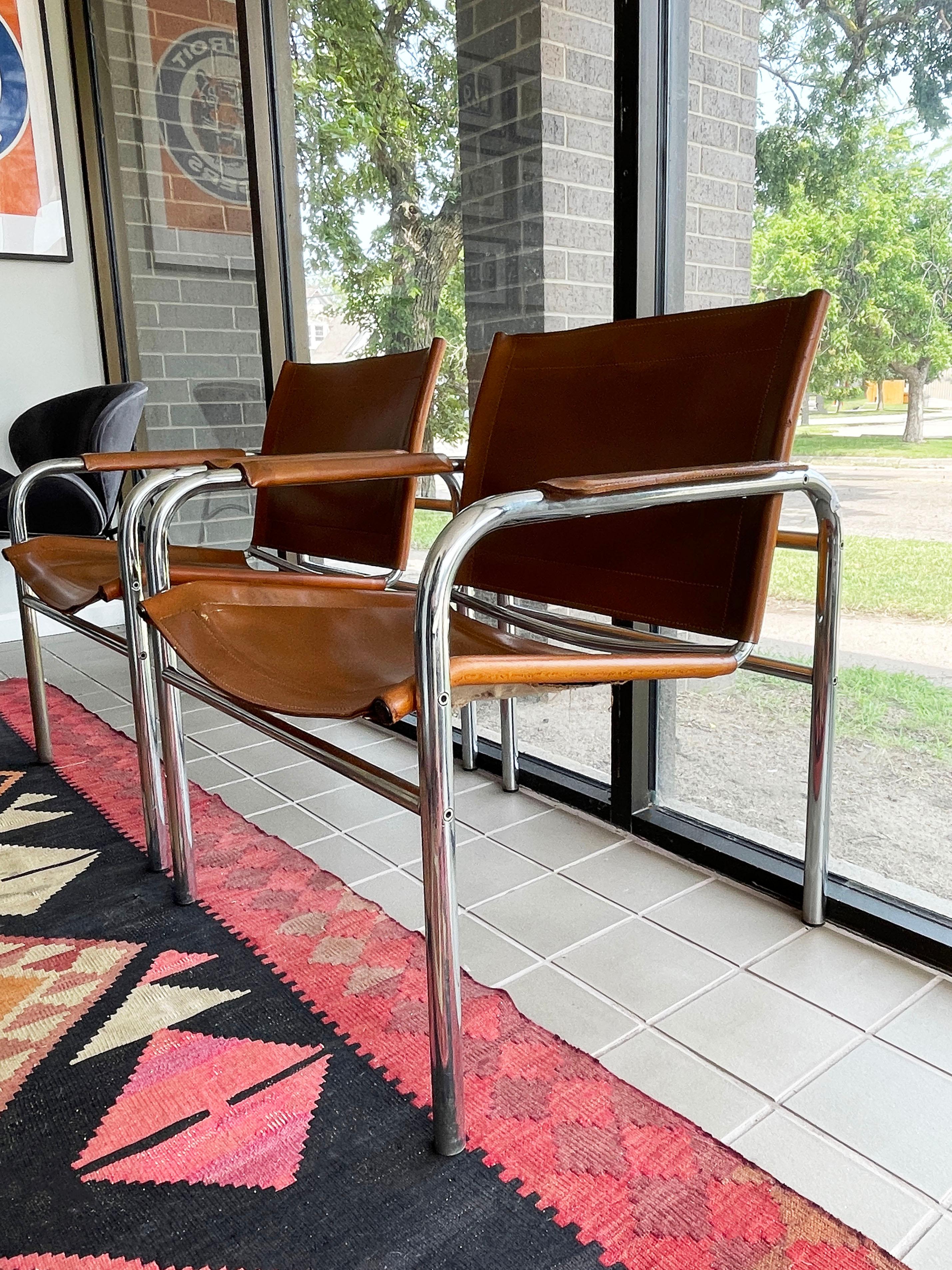 Two Leather and Tubular Steel Arm Chairs 'Klinte' by Tord Björklund, Mid-Century 2