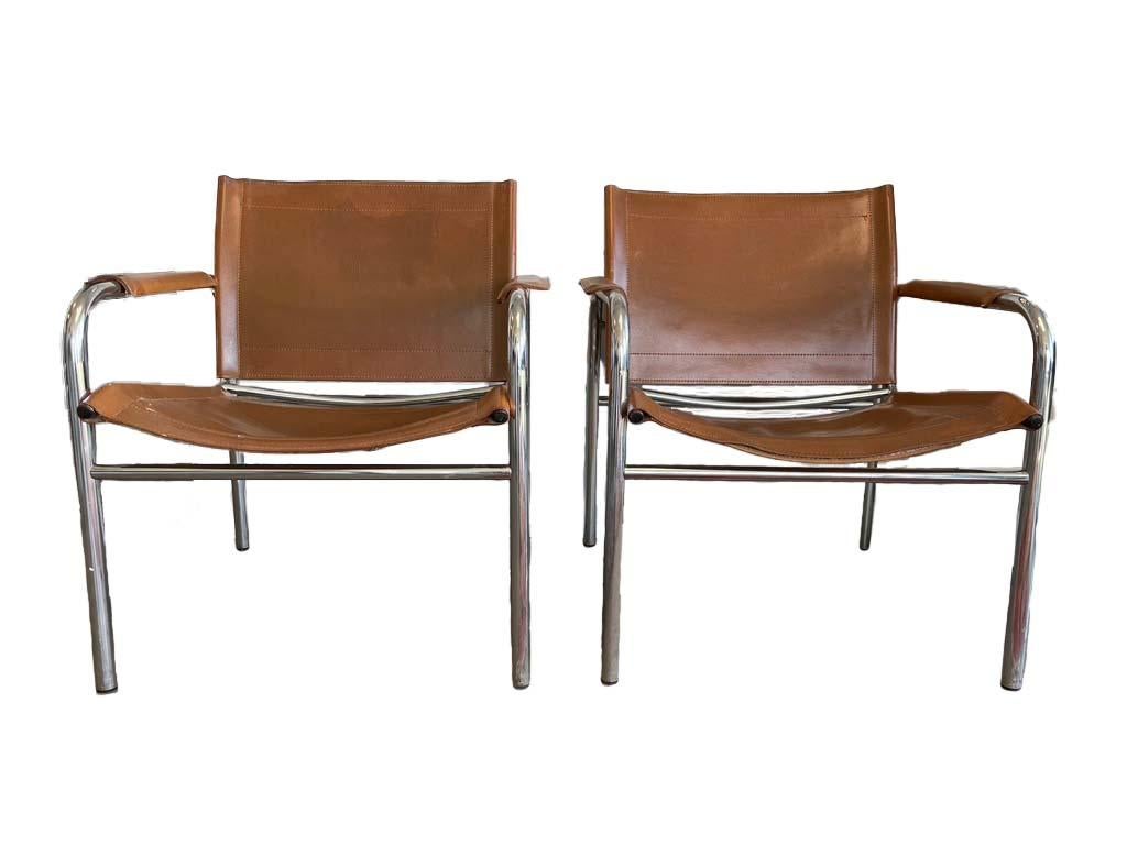 Mid-Century Modern Two Leather and Tubular Steel Arm Chairs 'Klinte' by Tord Björklund, Mid-Century