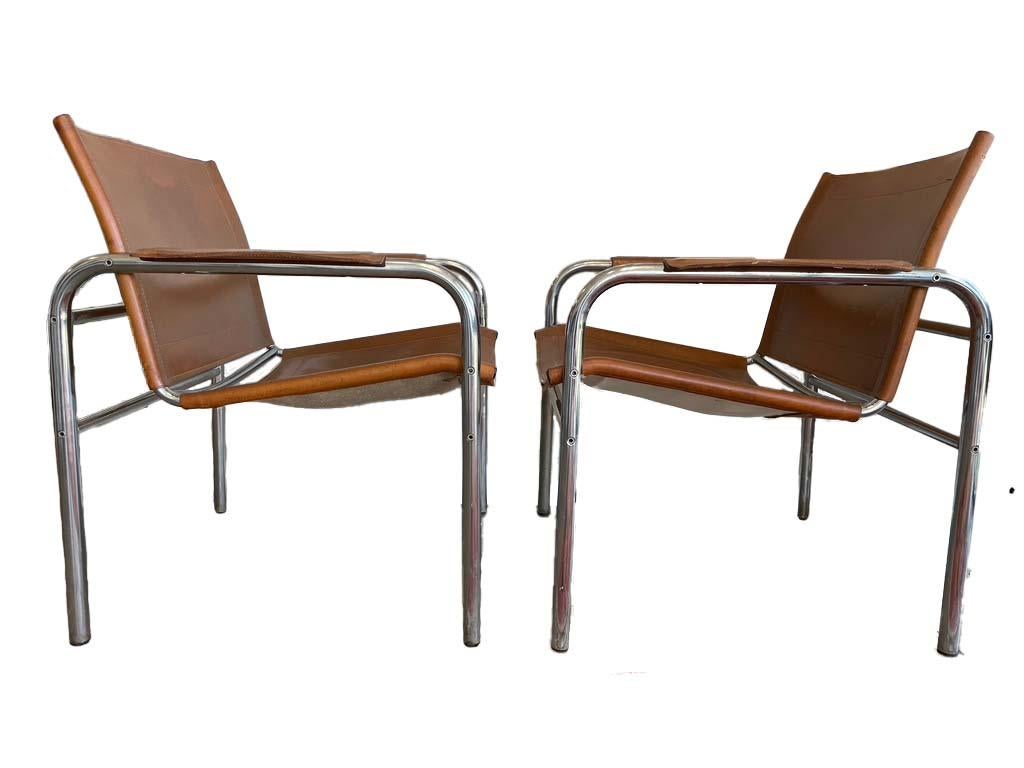 20th Century Two Leather and Tubular Steel Arm Chairs 'Klinte' by Tord Björklund, Mid-Century