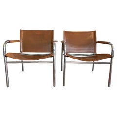 Two Leather and Tubular Steel Arm Chairs 'Klinte' by Tord Björklund, Mid-Century