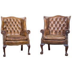 Two Leather Chesterfield Wingback Club Armchairs on Ball and Claw Feet