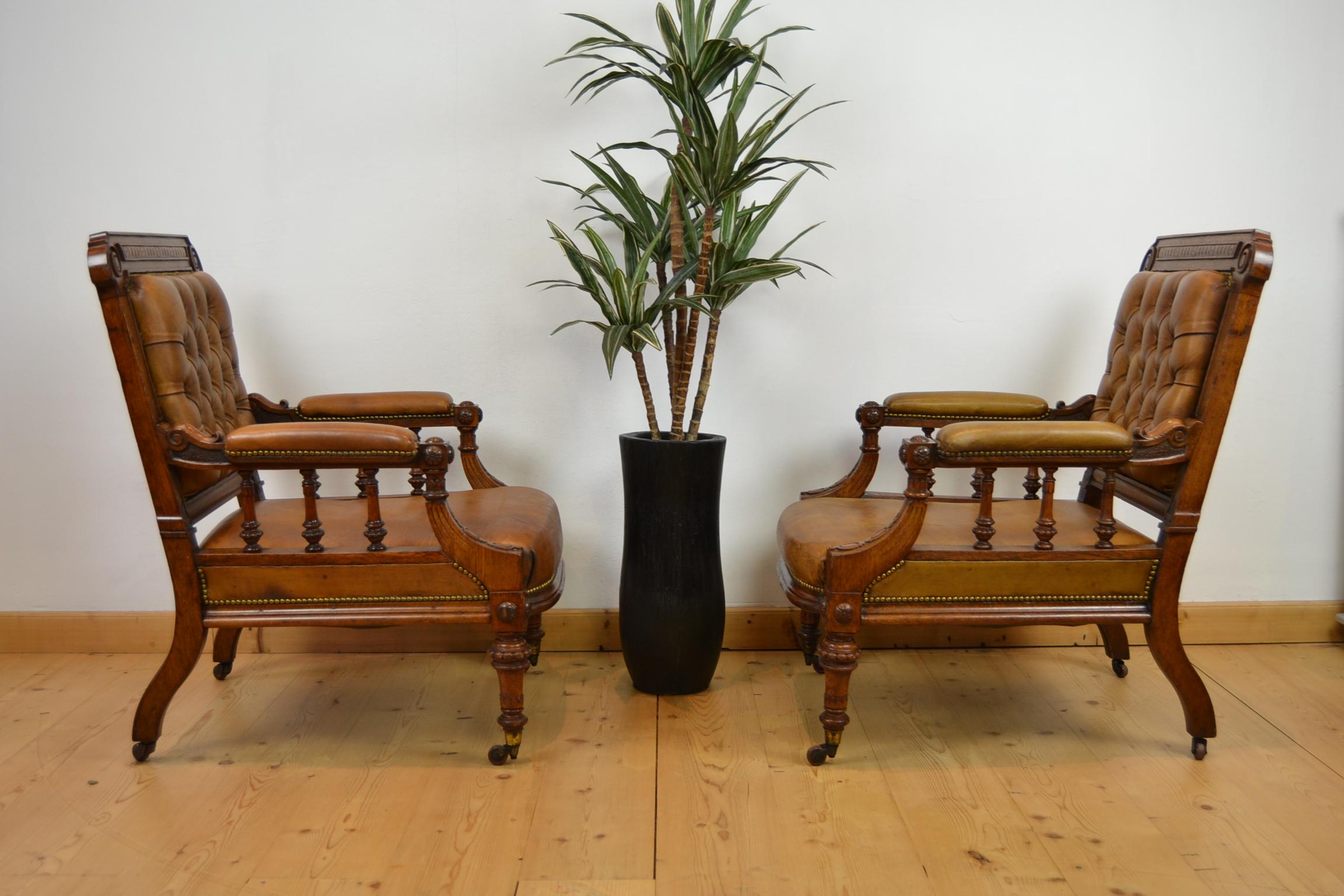 Two Leather Library Chairs, Leather Armchairs, Late 19th Century 6