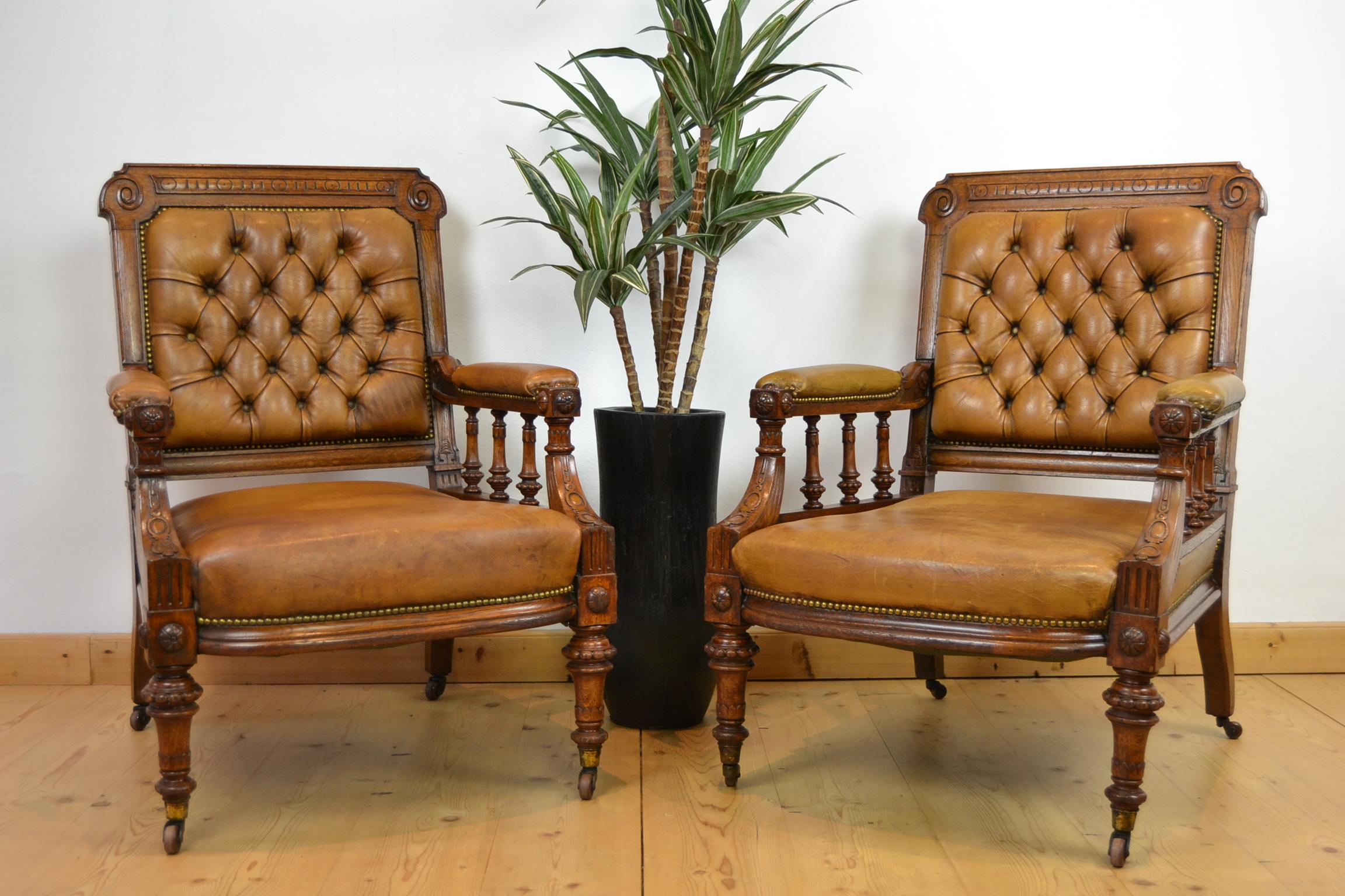 Two Leather Library Chairs, Leather Armchairs, Late 19th Century 7