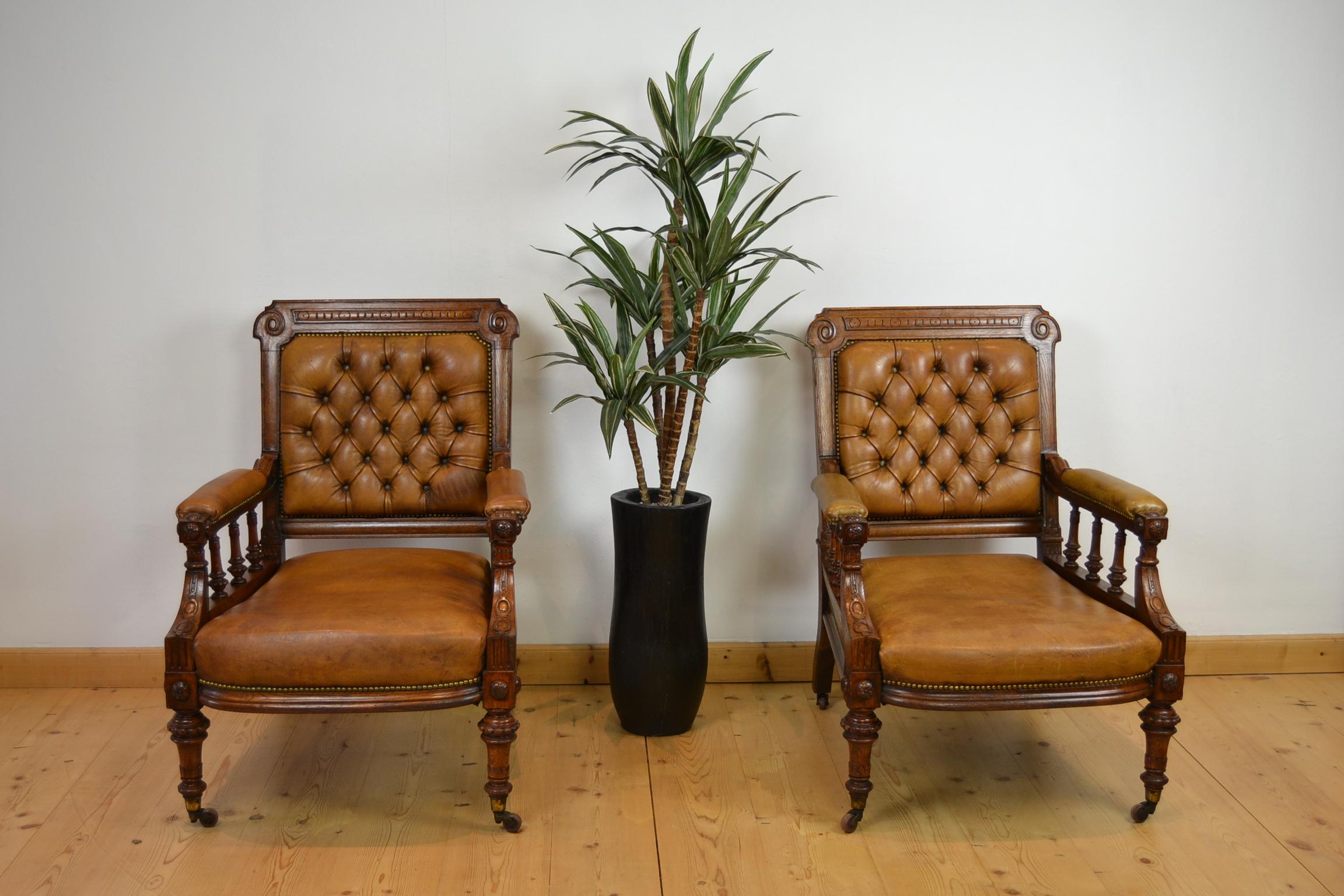 Two Leather Library Chairs, Leather Armchairs, Late 19th Century 8