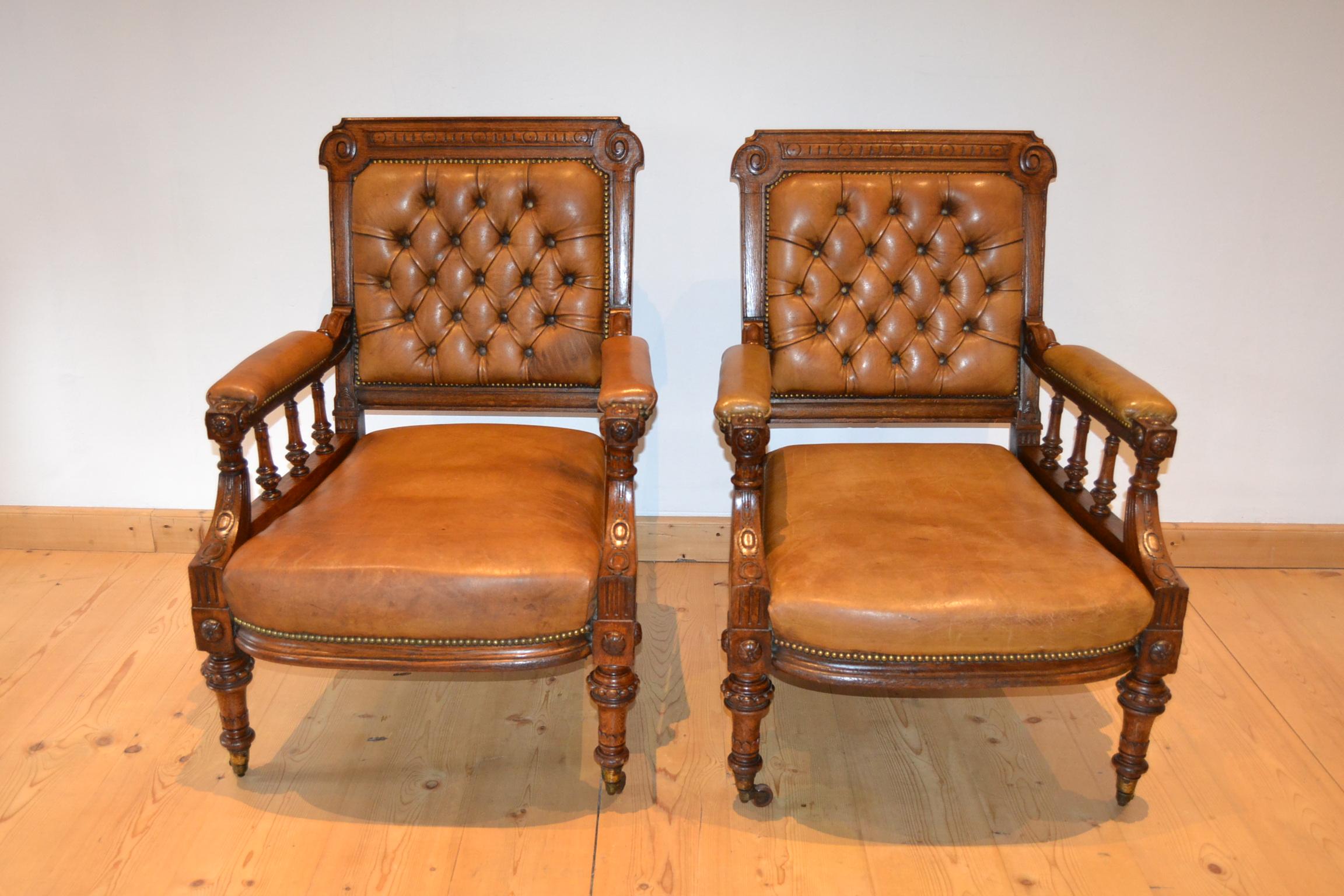 Two Leather Library Chairs, Leather Armchairs, Late 19th Century 9