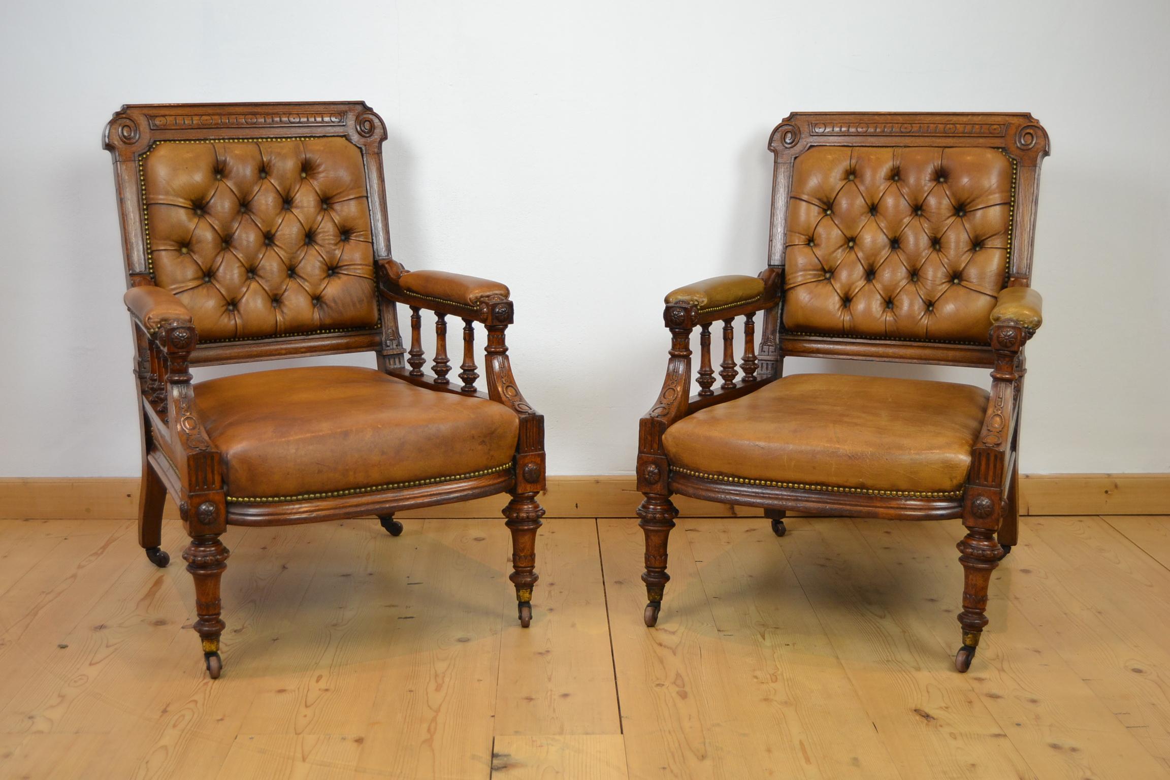 Two Leather Library Chairs, Leather Armchairs, Late 19th Century 11