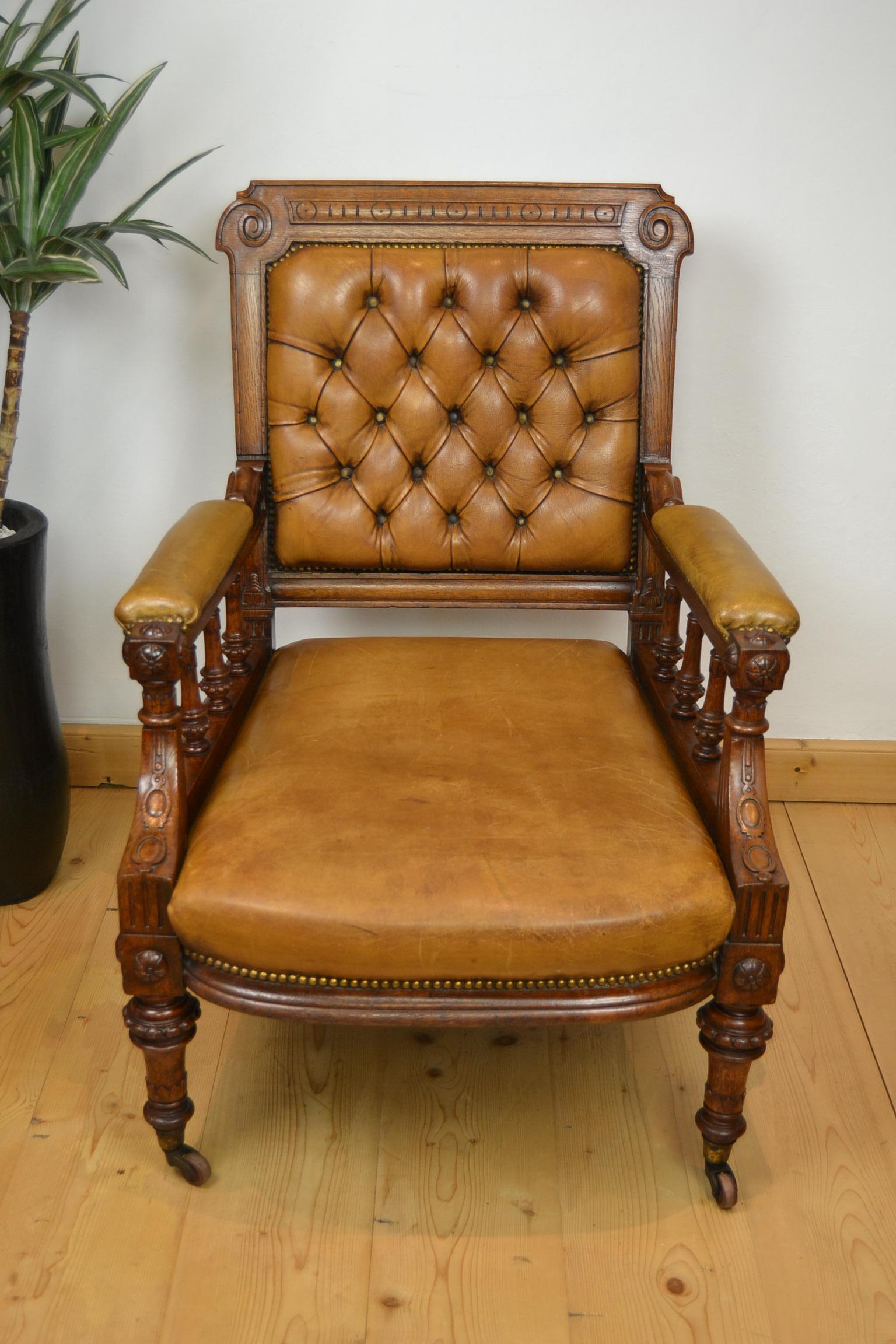 Two Leather Library Chairs, Leather Armchairs, Late 19th Century In Good Condition In Antwerp, BE