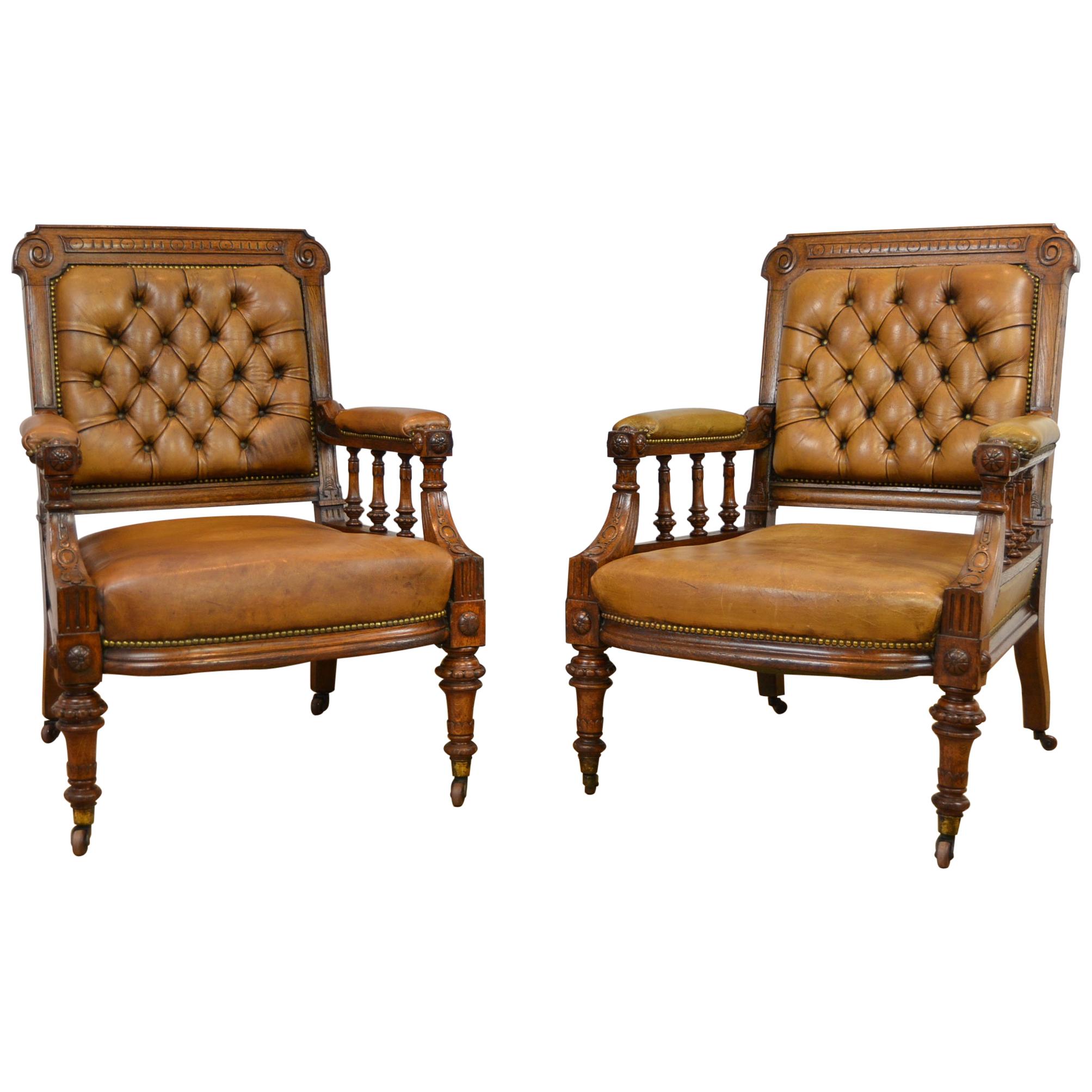 Two Leather Library Chairs, Leather Armchairs, Late 19th Century