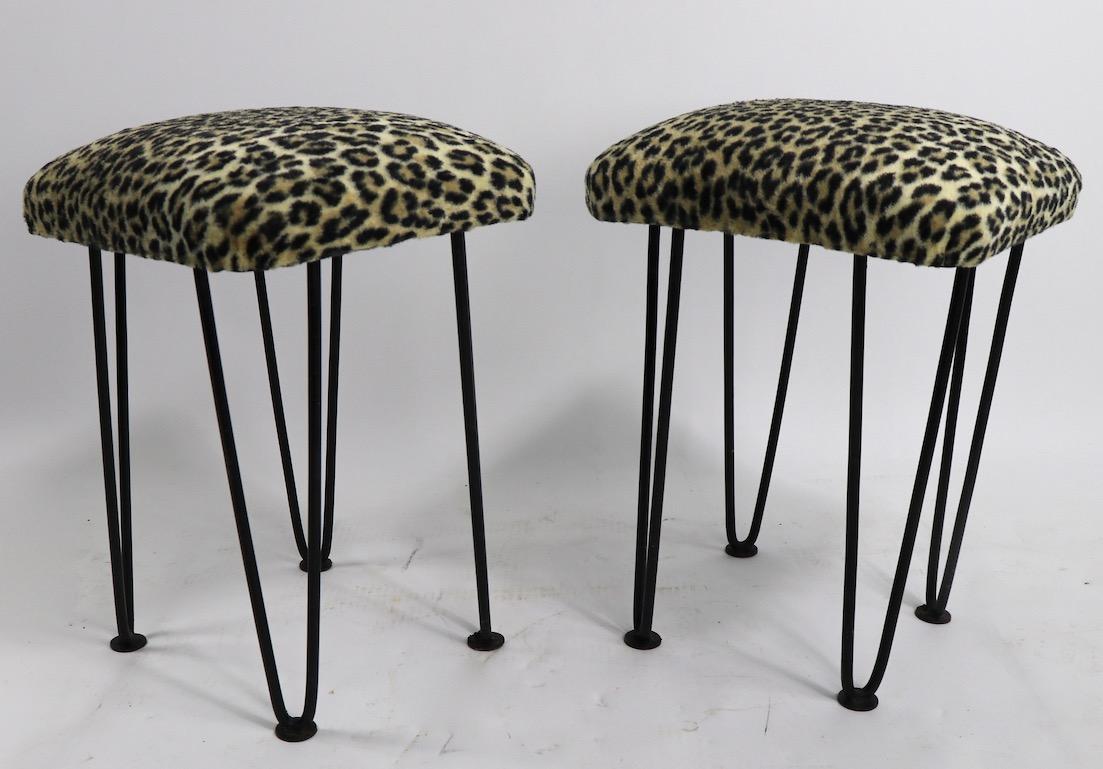 Two Leopard Upholstered Footrest Ottoman Stools on Iron Hairpin Legs 3