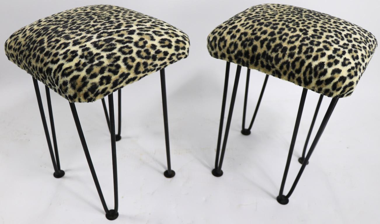 Two Leopard Upholstered Footrest Ottoman Stools on Iron Hairpin Legs 4