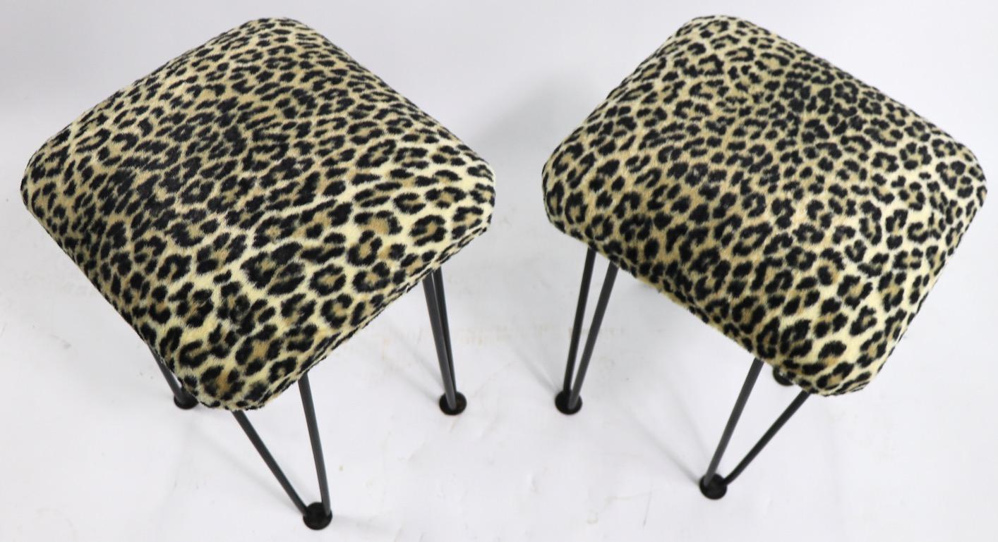 Two Leopard Upholstered Footrest Ottoman Stools on Iron Hairpin Legs 5