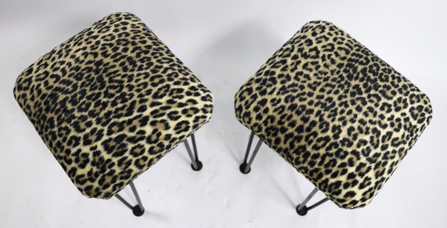 Two Leopard Upholstered Footrest Ottoman Stools on Iron Hairpin Legs 6