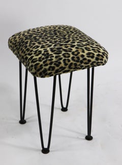 Two Leopard Upholstered Footrest Ottoman Stools on Iron Hairpin Legs