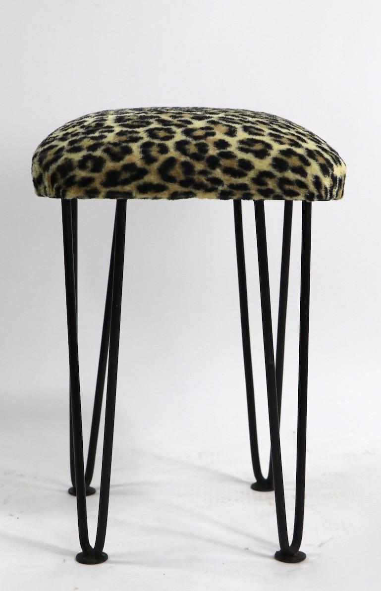 Mid-Century Modern Two Leopard Upholstered Footrest Ottoman Stools on Iron Hairpin Legs