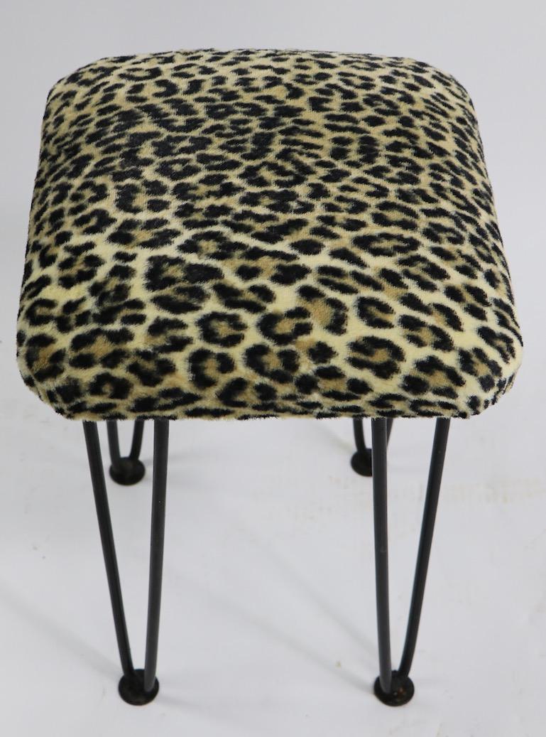 American Two Leopard Upholstered Footrest Ottoman Stools on Iron Hairpin Legs