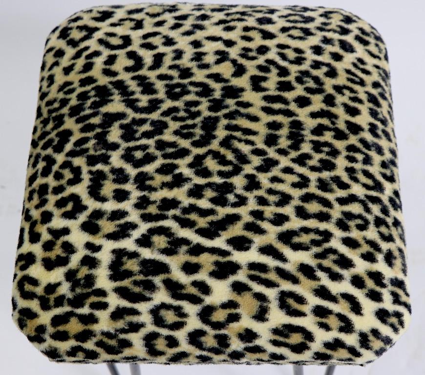 Two Leopard Upholstered Footrest Ottoman Stools on Iron Hairpin Legs at ...