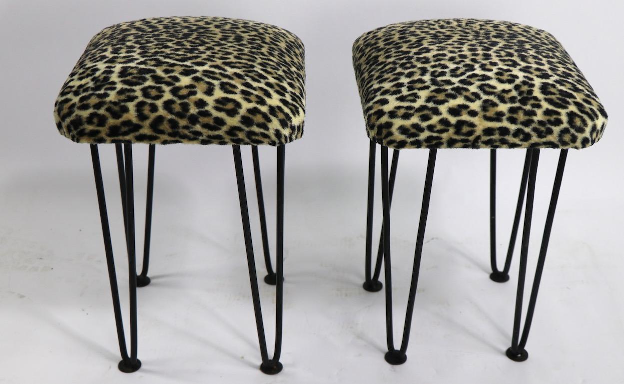 20th Century Two Leopard Upholstered Footrest Ottoman Stools on Iron Hairpin Legs