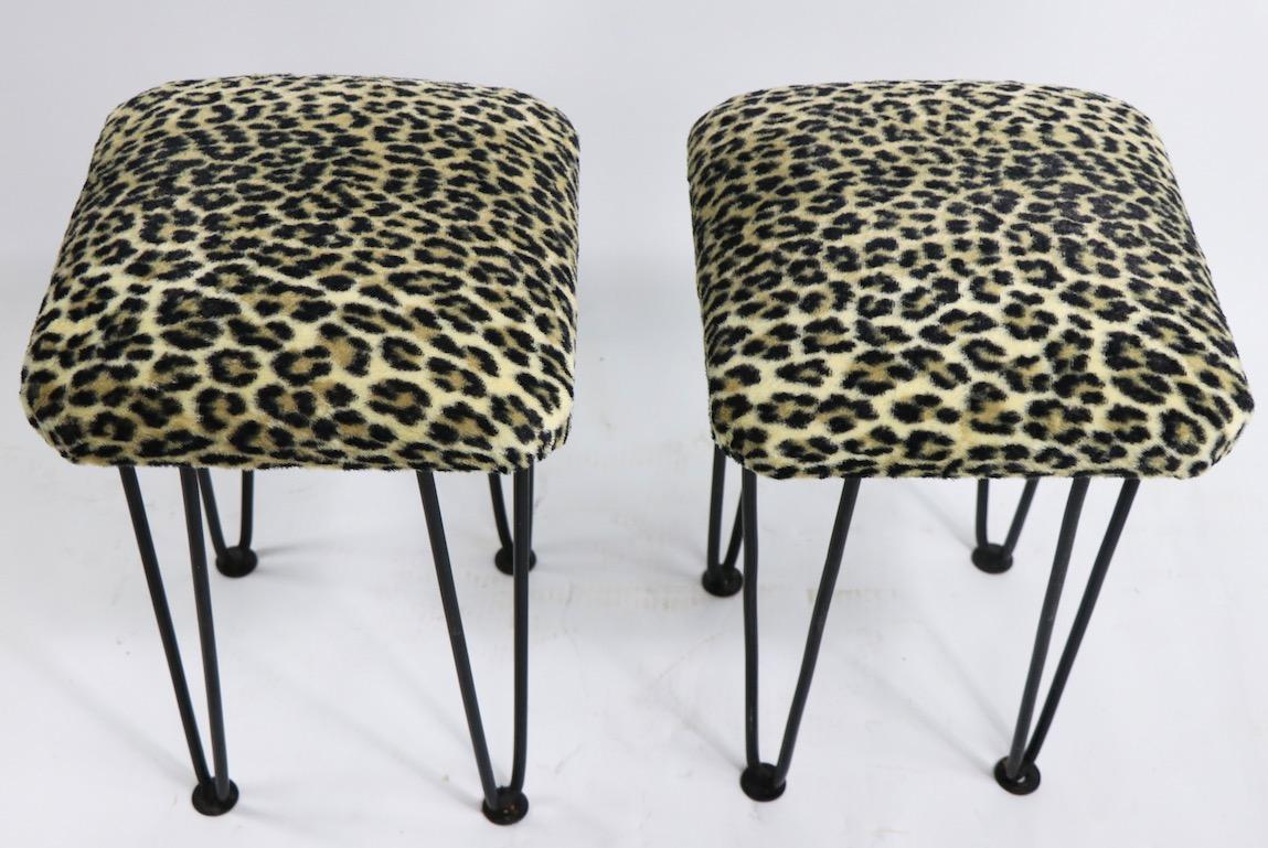 Upholstery Two Leopard Upholstered Footrest Ottoman Stools on Iron Hairpin Legs
