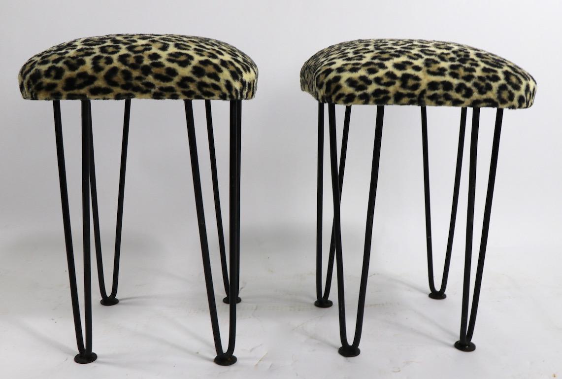 Two Leopard Upholstered Footrest Ottoman Stools on Iron Hairpin Legs 1
