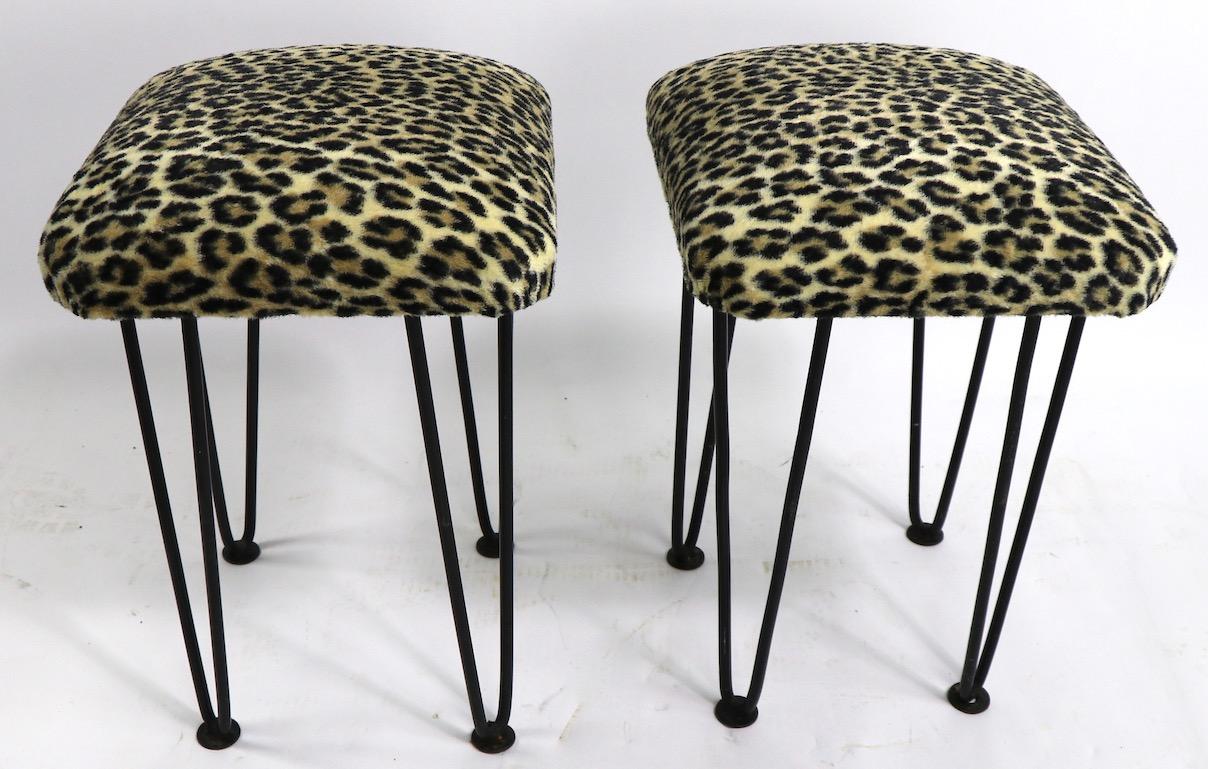 Two Leopard Upholstered Footrest Ottoman Stools on Iron Hairpin Legs 2
