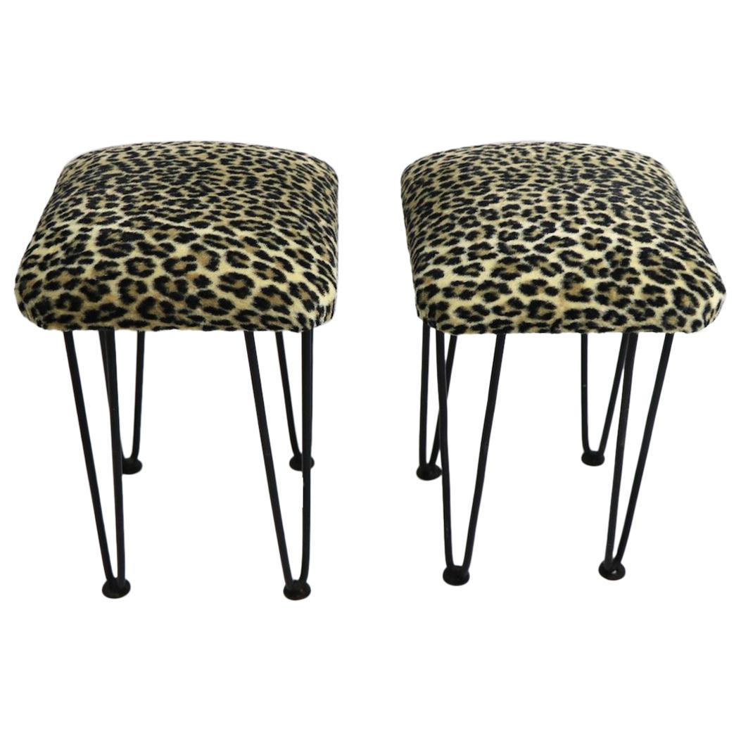 Two Leopard Upholstered Footrest Ottoman Stools on Iron Hairpin Legs