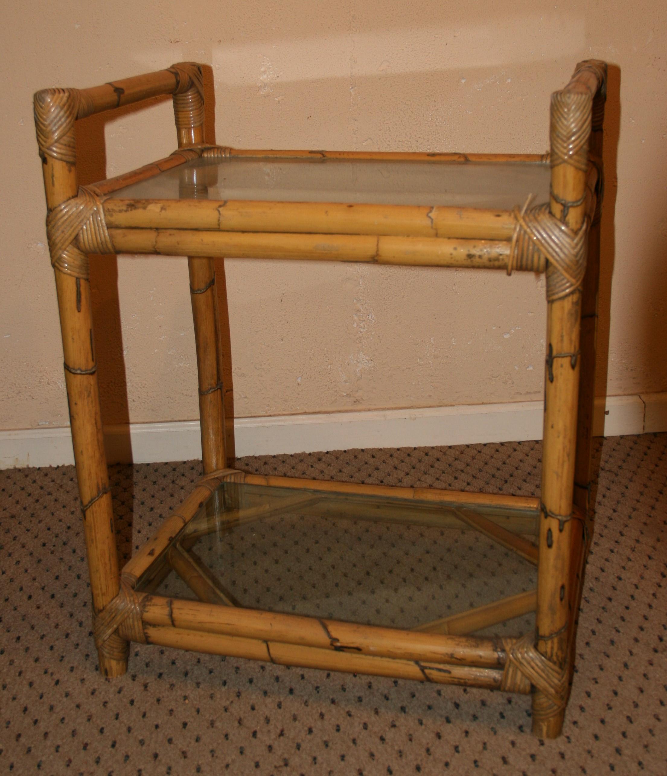 Two Level Bamboo and Glass Bar Cart In Good Condition In Douglas Manor, NY