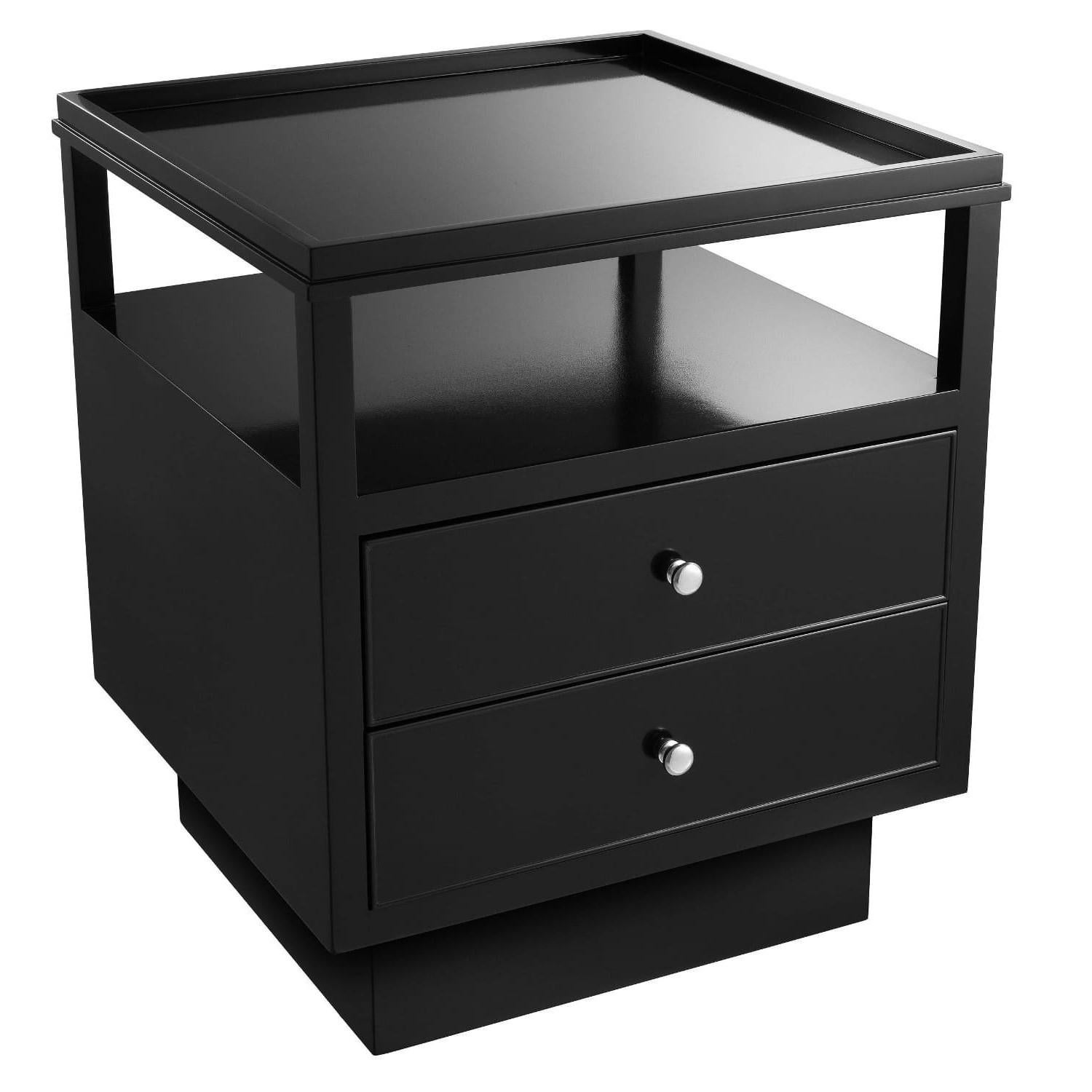 Two Level Black Lacquered Wooden Bedside Table For Sale