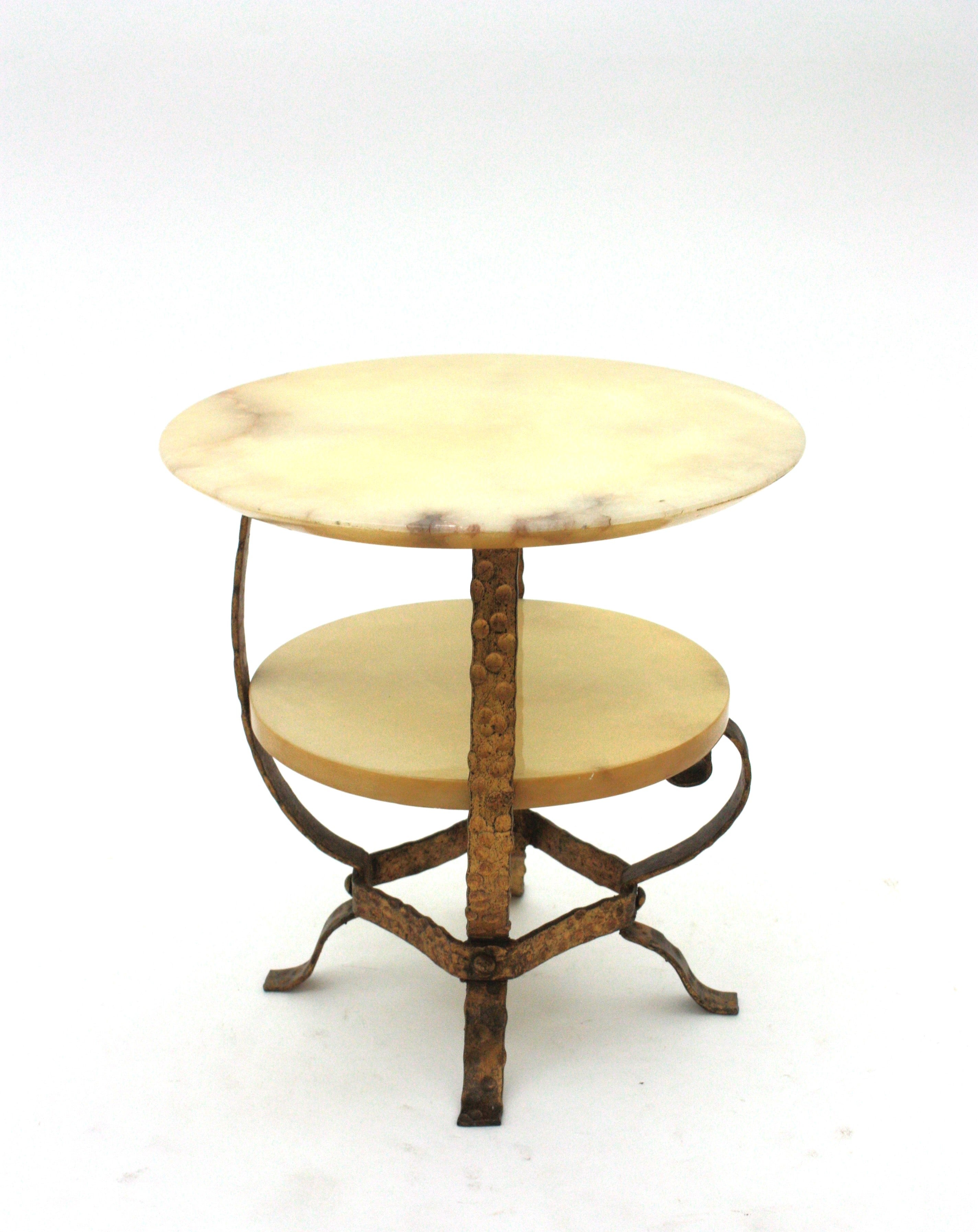 Mid-Century Modern Spanish Coffee Table or Side Table, Alabaster & Gilt Iron