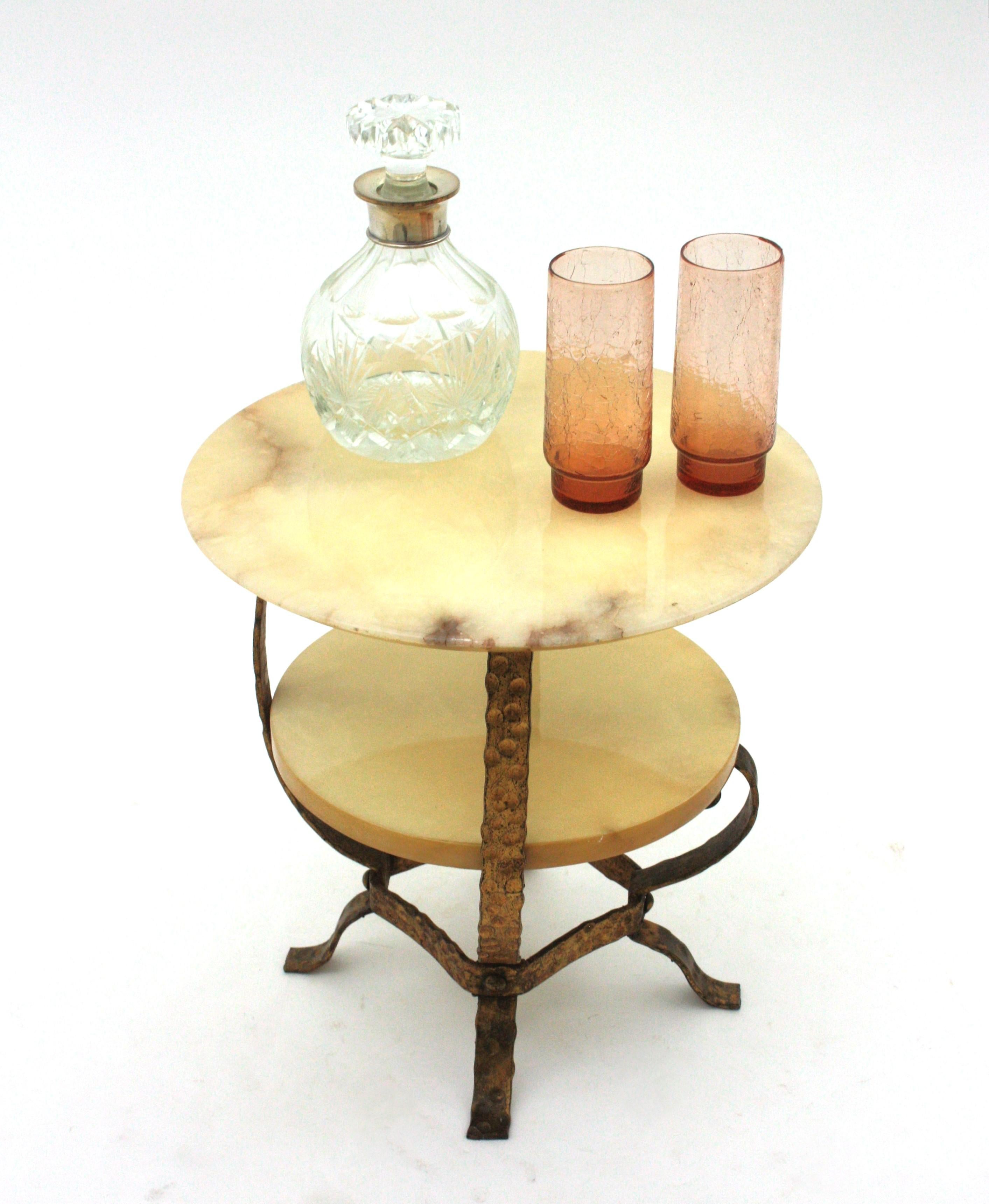 Forged Spanish Coffee Table or Side Table, Alabaster & Gilt Iron