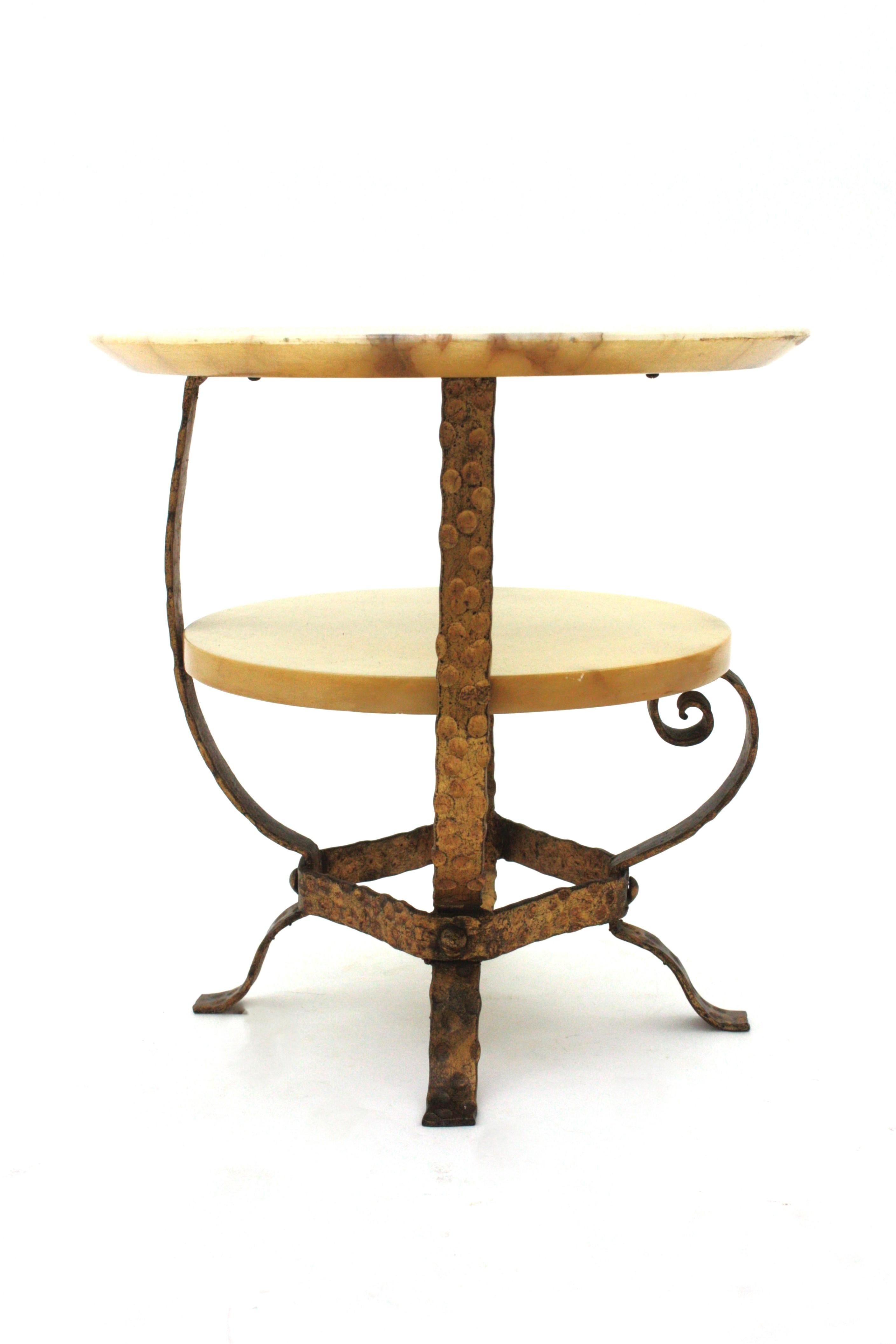 20th Century Spanish Coffee Table or Side Table, Alabaster & Gilt Iron For Sale
