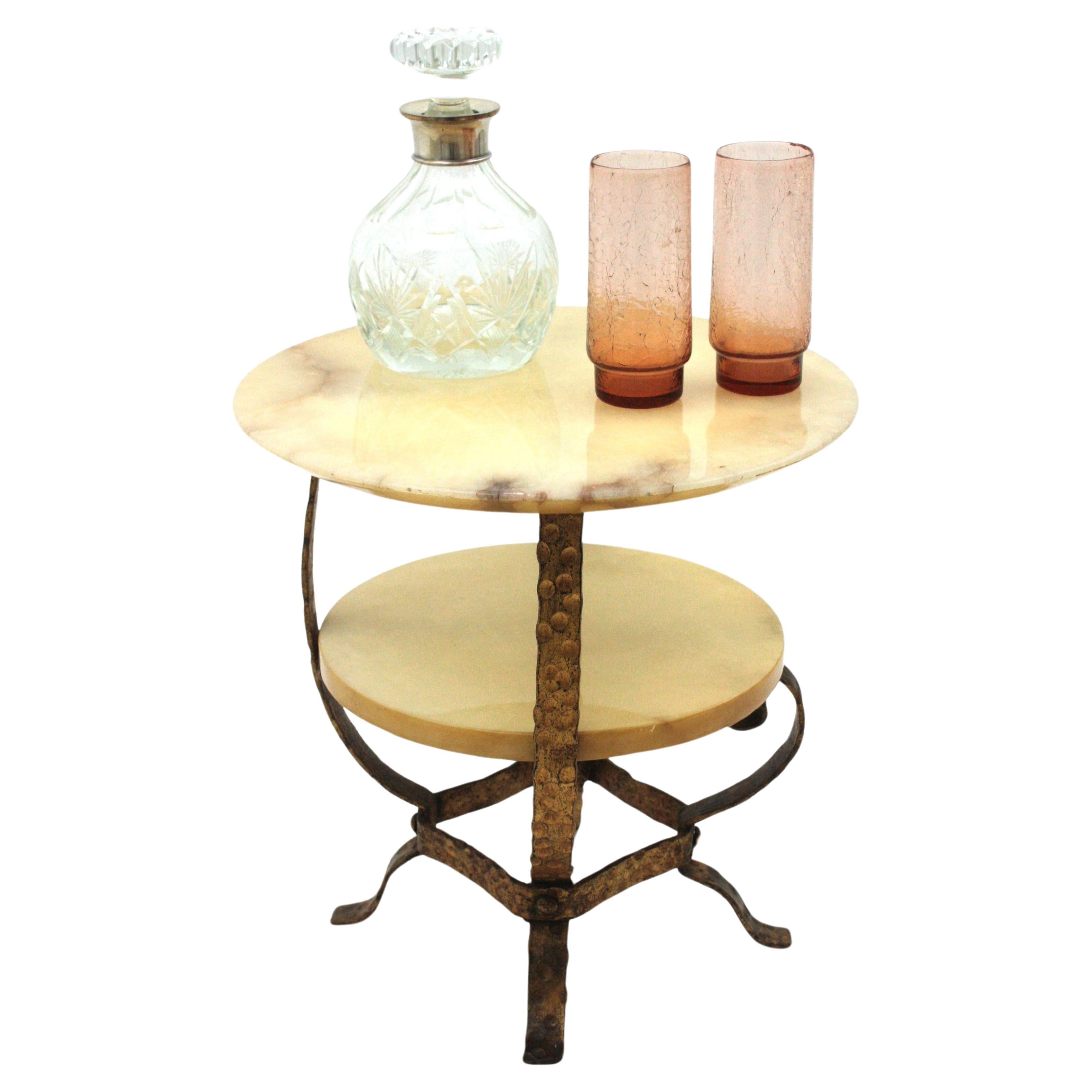 Spanish Coffee Table or Side Table, Alabaster & Gilt Iron For Sale