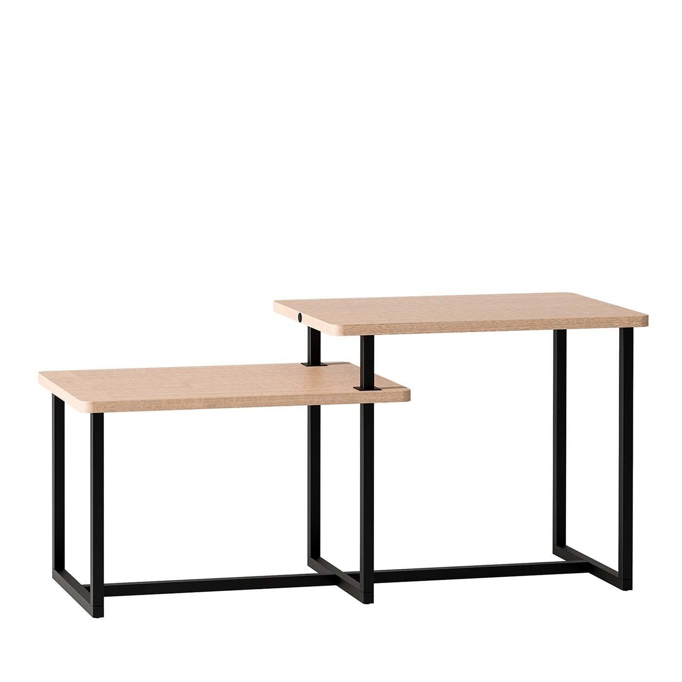 A captivating combination of geometric lines, this table redefines the space to add a sleek focal point to a Minimalist and Industrial-inspired living room or office. Designed to be placed next to a sofa, the rectangular wooden tops with beige